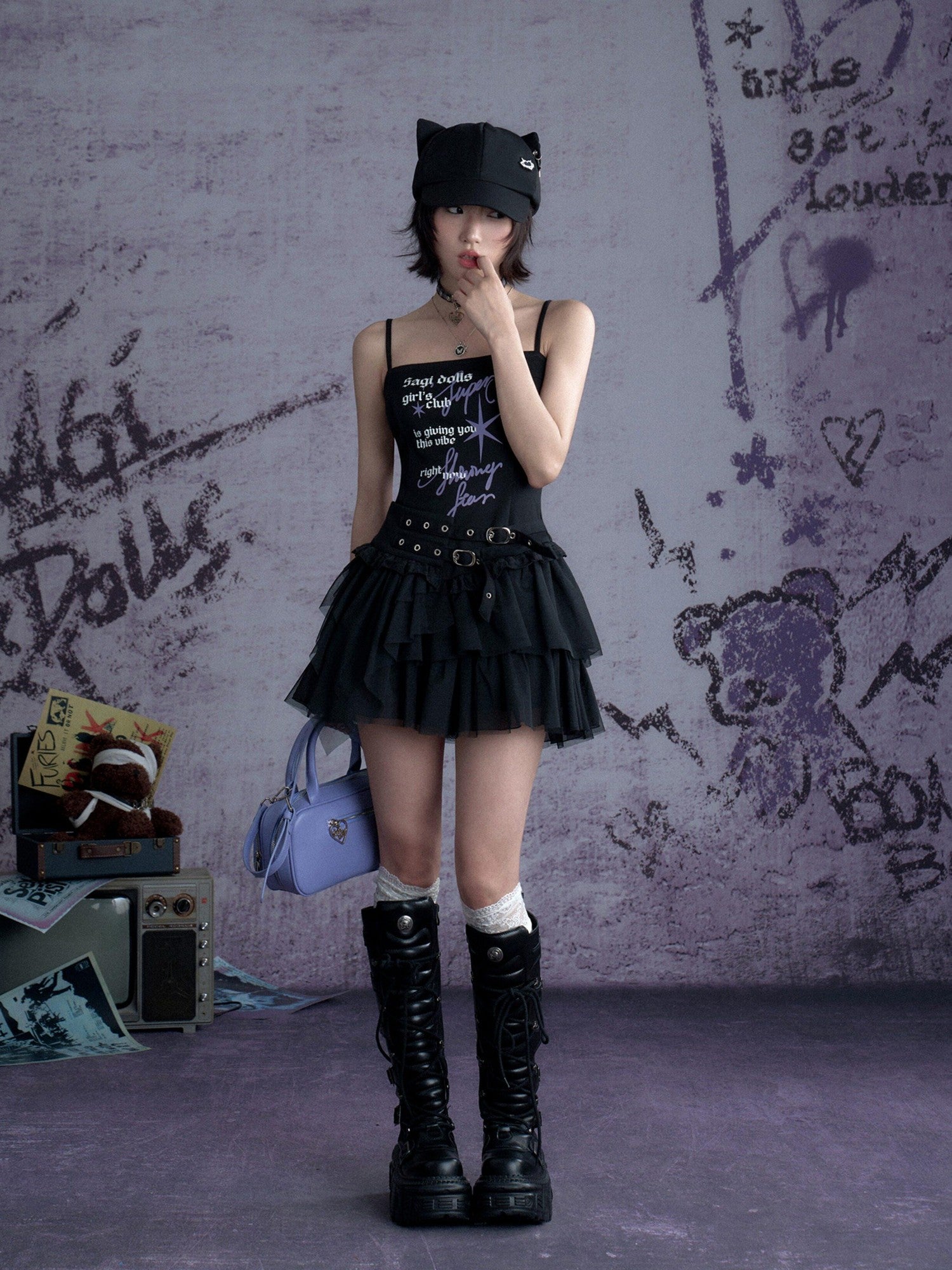 SagiDolls Black Graffiti Devil Tulle Women's Cotton Knit Slip Mini Dresses