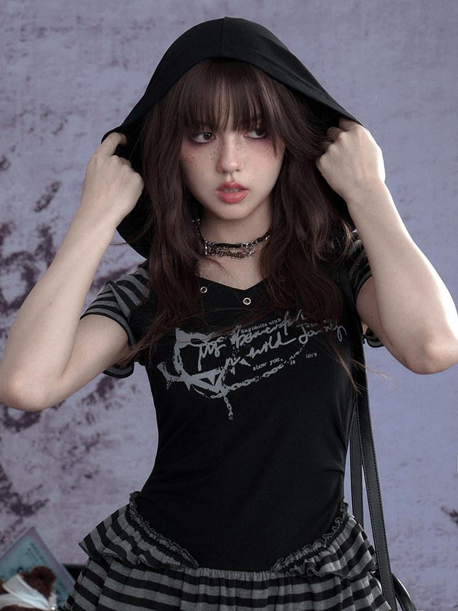 SagiDolls Black Gray Striped Hooded High Waist Women's Polyester Corset Mini Dresses