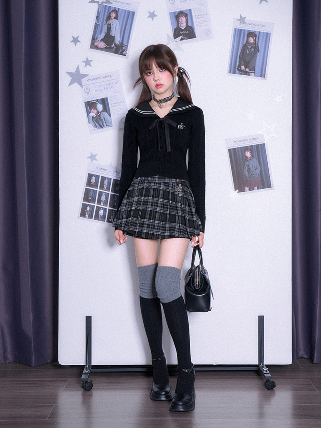 SagiDolls Black Grey Check 3d Embellished Women's Poly Viscose Blend Pleated Skirts