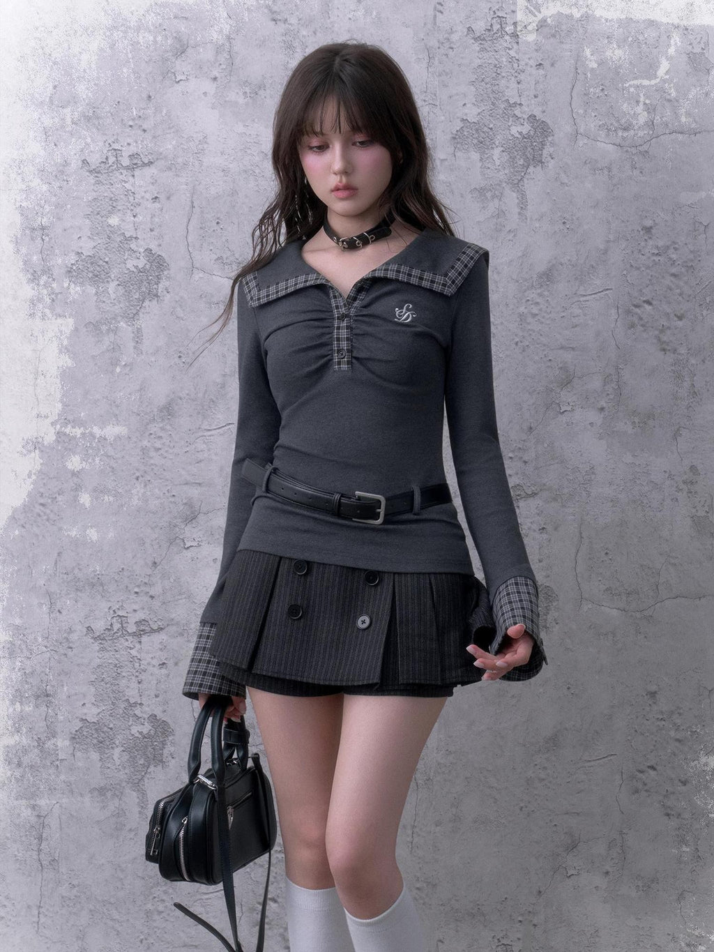 SagiDolls Black Grey Striped Double Breasted Pleated Women's Polyester Skorts
