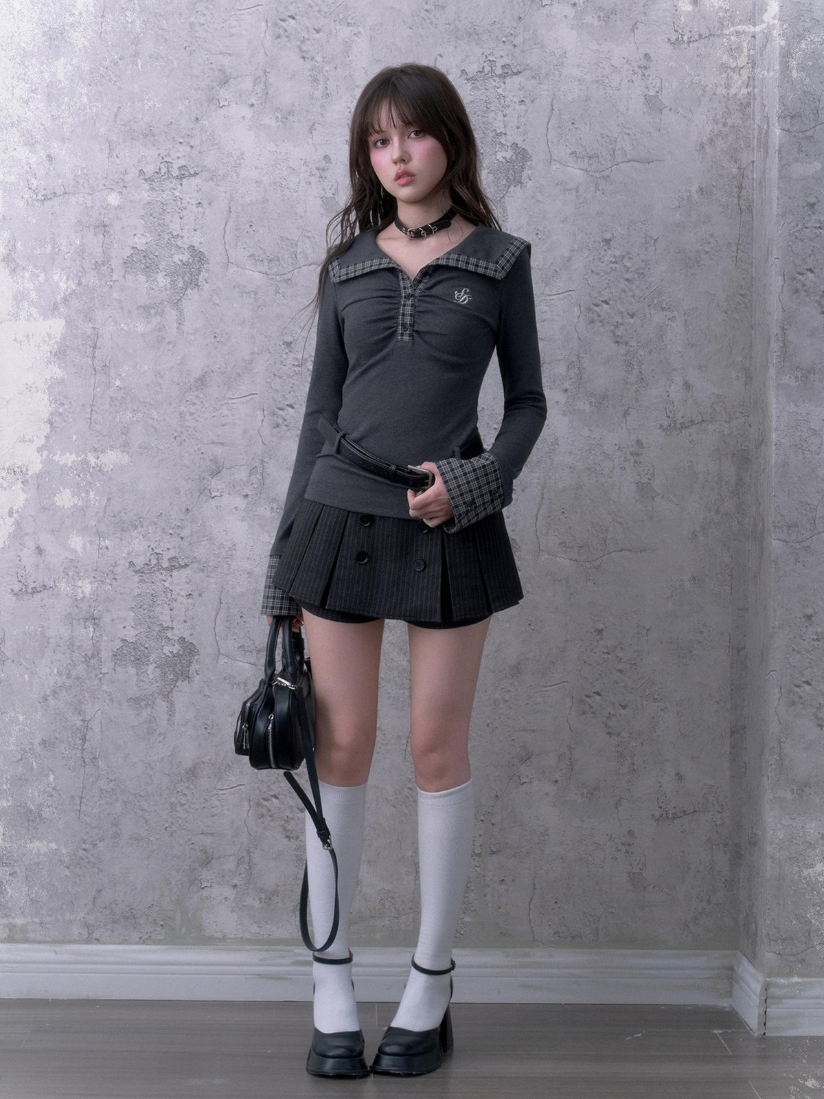 SagiDolls Black Grey Striped Double Breasted Pleated Women's Polyester Skorts