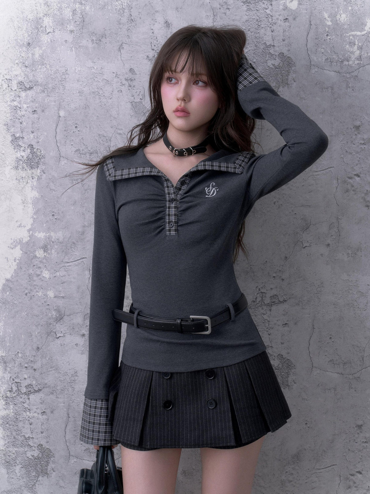SagiDolls Black Grey Striped Double Breasted Pleated Women's Polyester Skorts