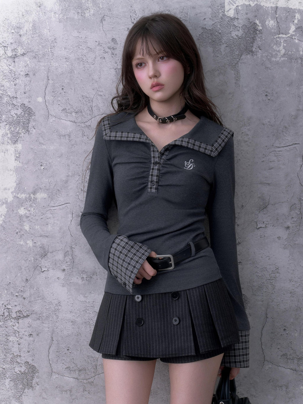 SagiDolls Black Grey Striped Double Breasted Pleated Women's Polyester Skorts