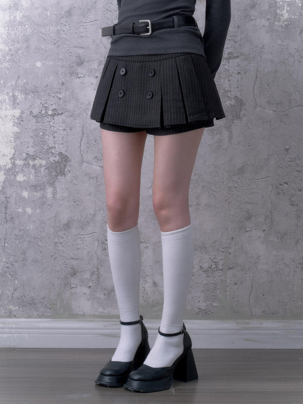 SagiDolls Black Grey Striped Double Breasted Pleated Women's Polyester Skorts