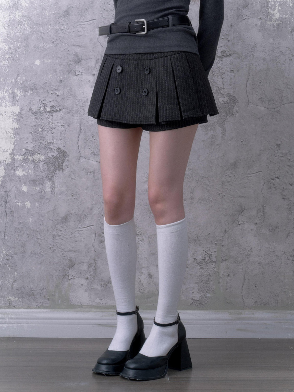 SagiDolls Black Grey Striped Double Breasted Pleated Women's Polyester Skorts
