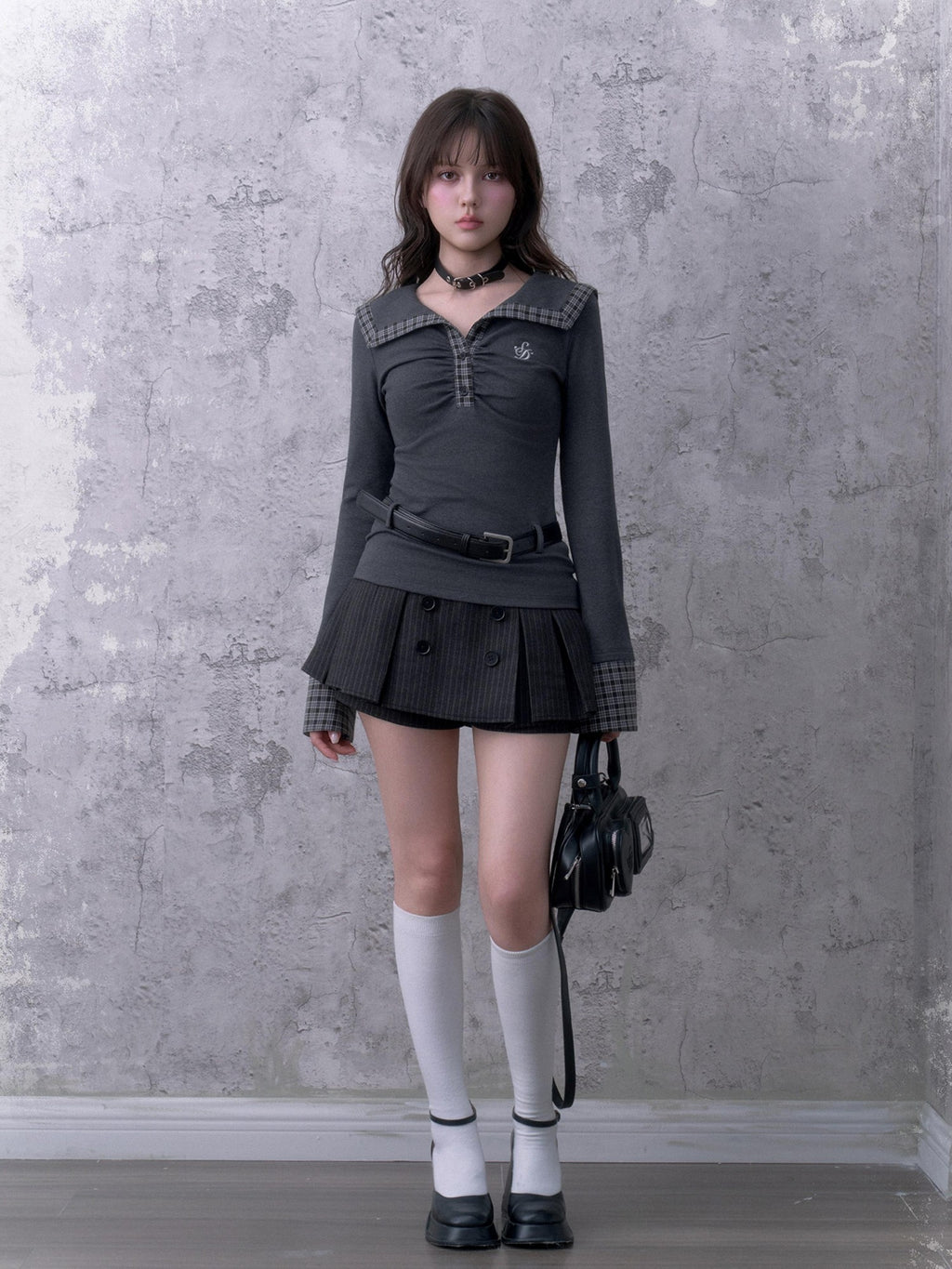 SagiDolls Black Grey Striped Double Breasted Pleated Women's Polyester Skorts