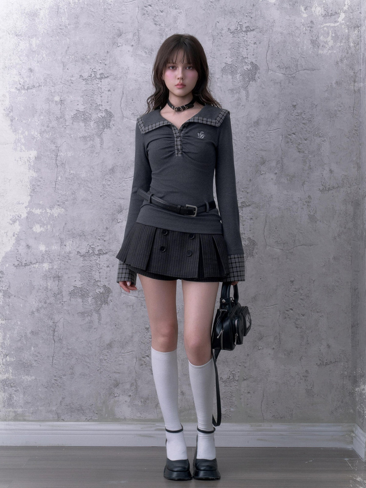 SagiDolls Black Grey Striped Double Breasted Pleated Women's Polyester Skorts