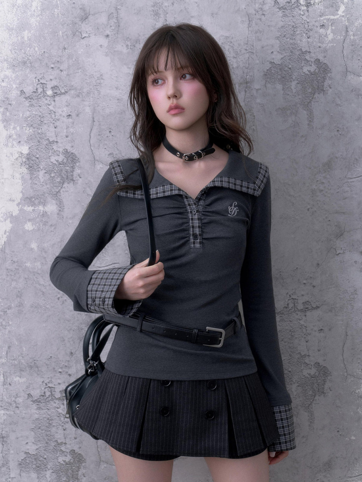 SagiDolls Black Grey Striped Double Breasted Pleated Women's Polyester Skorts