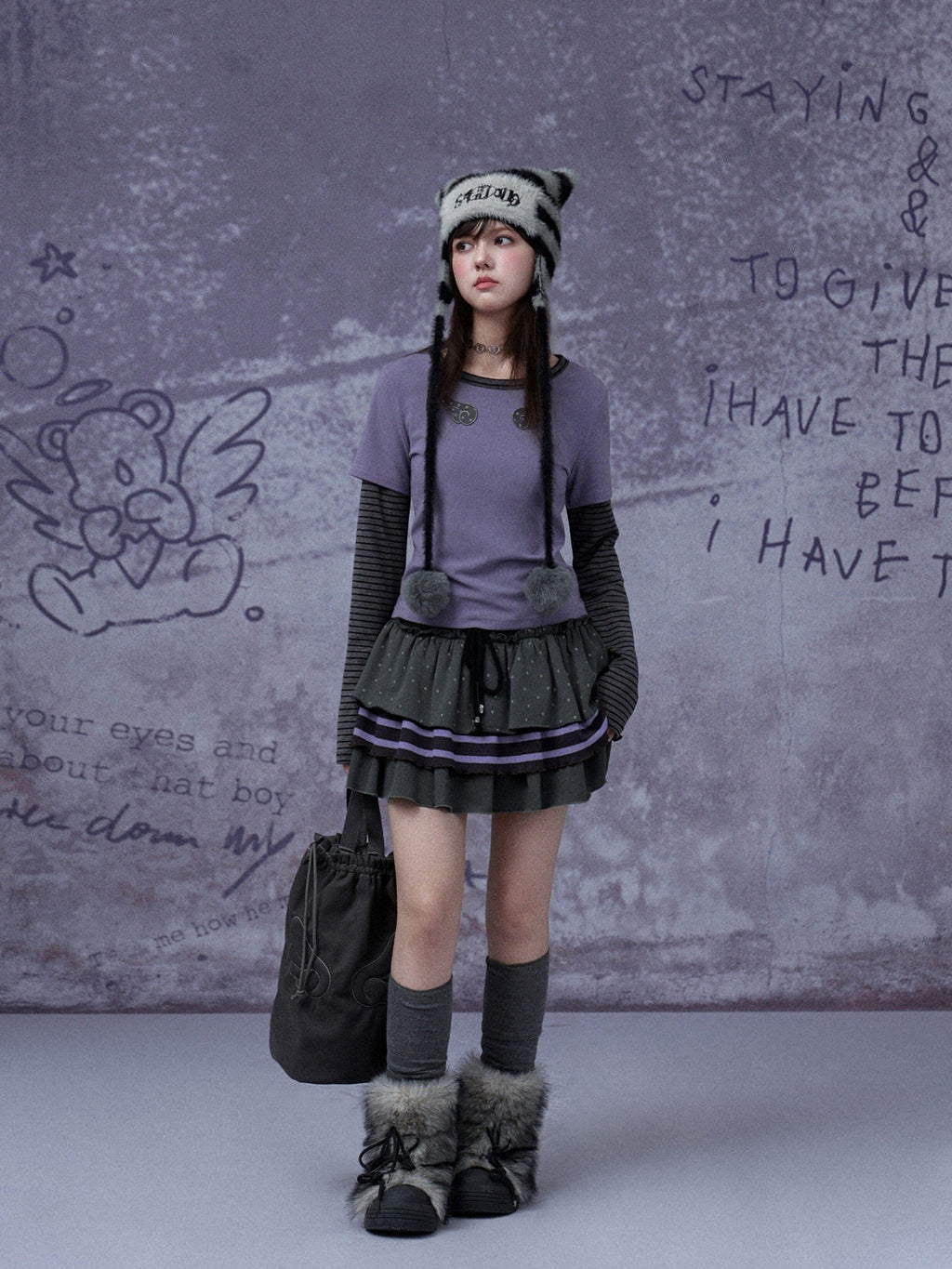 SagiDolls Black Grey Striped Embroidered Cat Ear Women's Yarn Faux Fur Knit Beanies