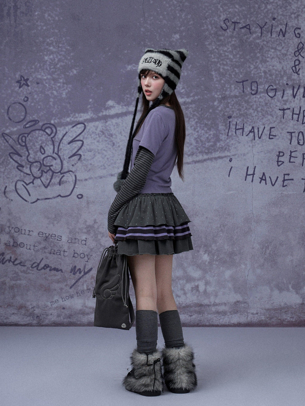 SagiDolls Black Grey Striped Embroidered Cat Ear Women's Yarn Faux Fur Knit Beanies