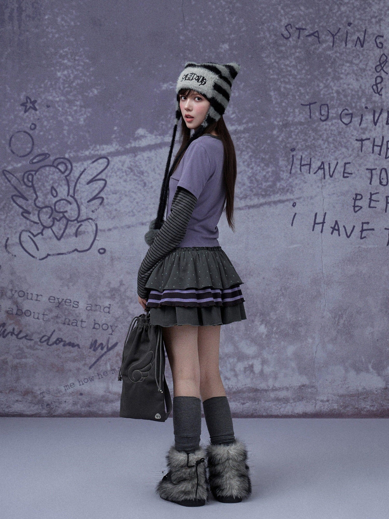 SagiDolls Black Grey Striped Embroidered Cat Ear Women's Yarn Faux Fur Knit Beanies