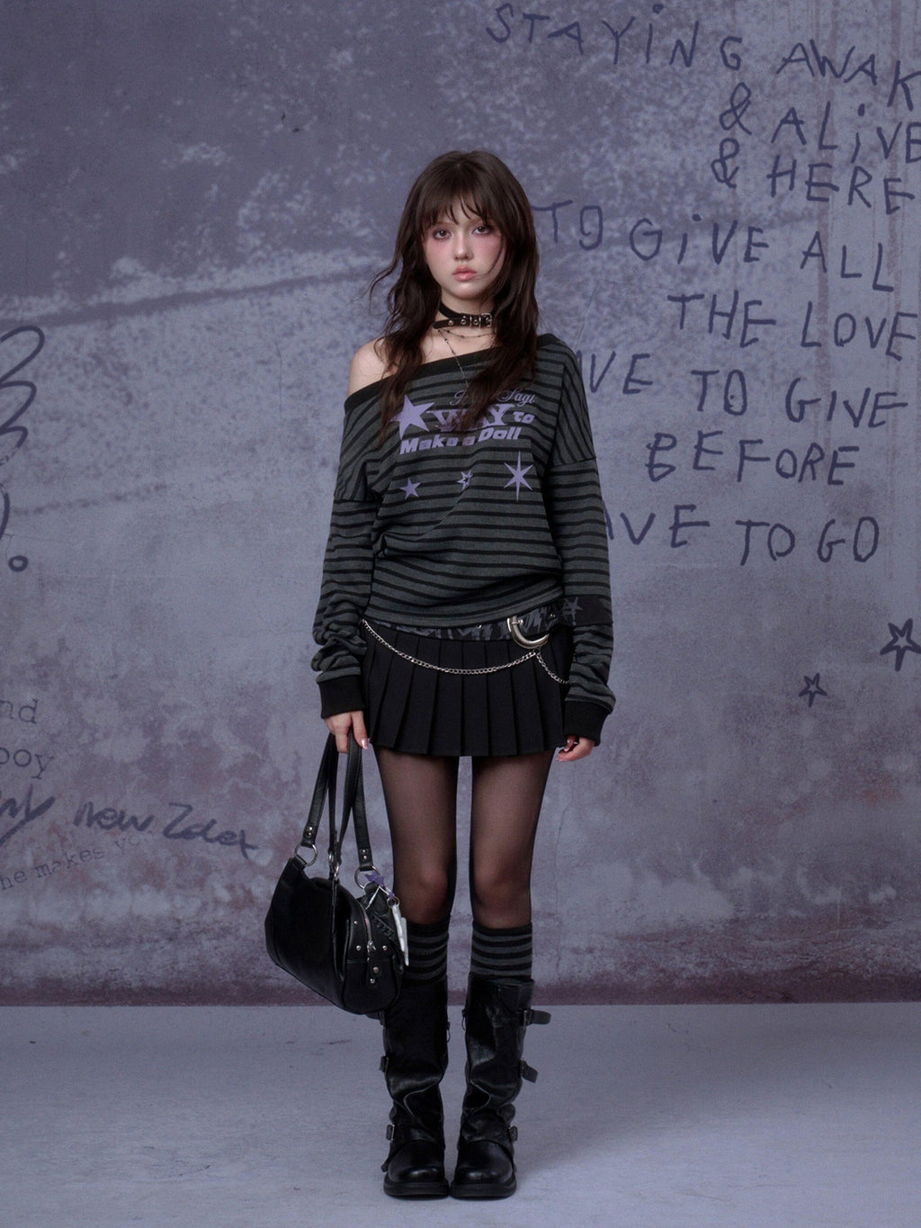 SagiDolls Black Grey Striped Purple Star One Shoulder Ribbed Women's Long Sleeve T-shirts
