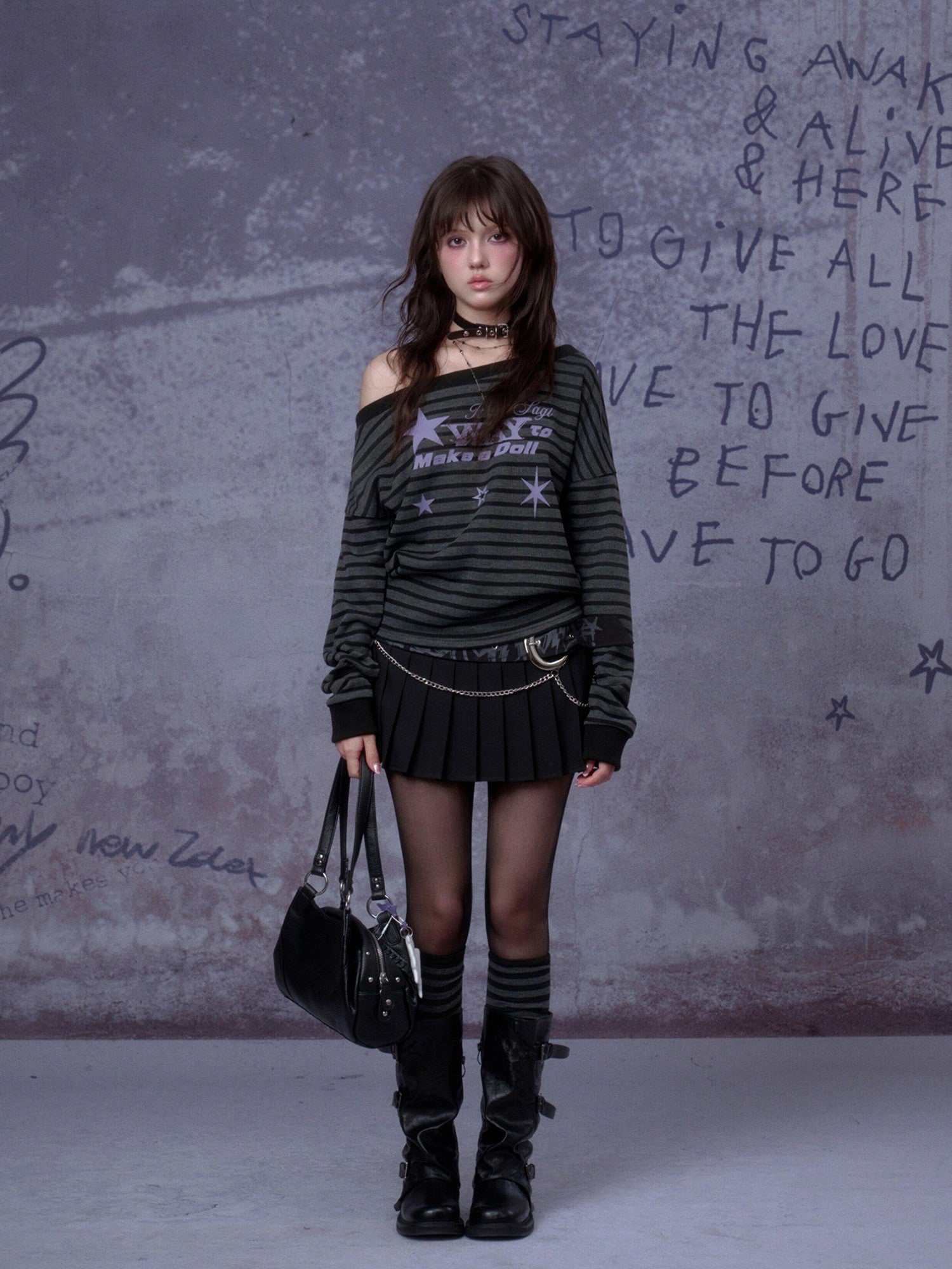 SagiDolls Black Grey Striped Purple Star One Shoulder Ribbed Women's Long Sleeve T-shirts