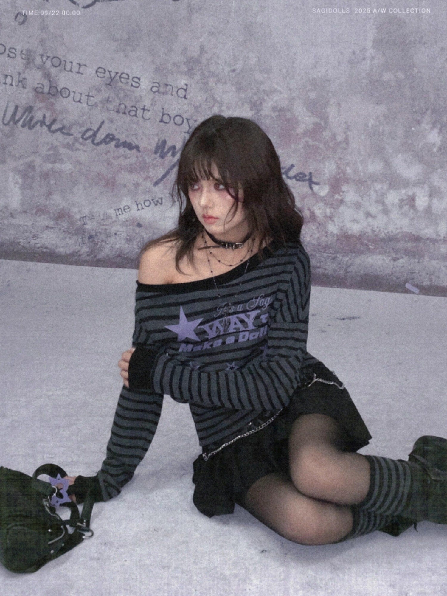 SagiDolls Black Grey Striped Purple Star One Shoulder Ribbed Women's Long Sleeve T-shirts