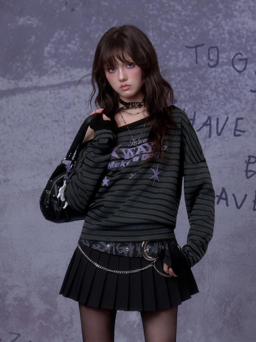 SagiDolls Black Grey Striped Purple Star One Shoulder Ribbed Women's Long Sleeve T-shirts