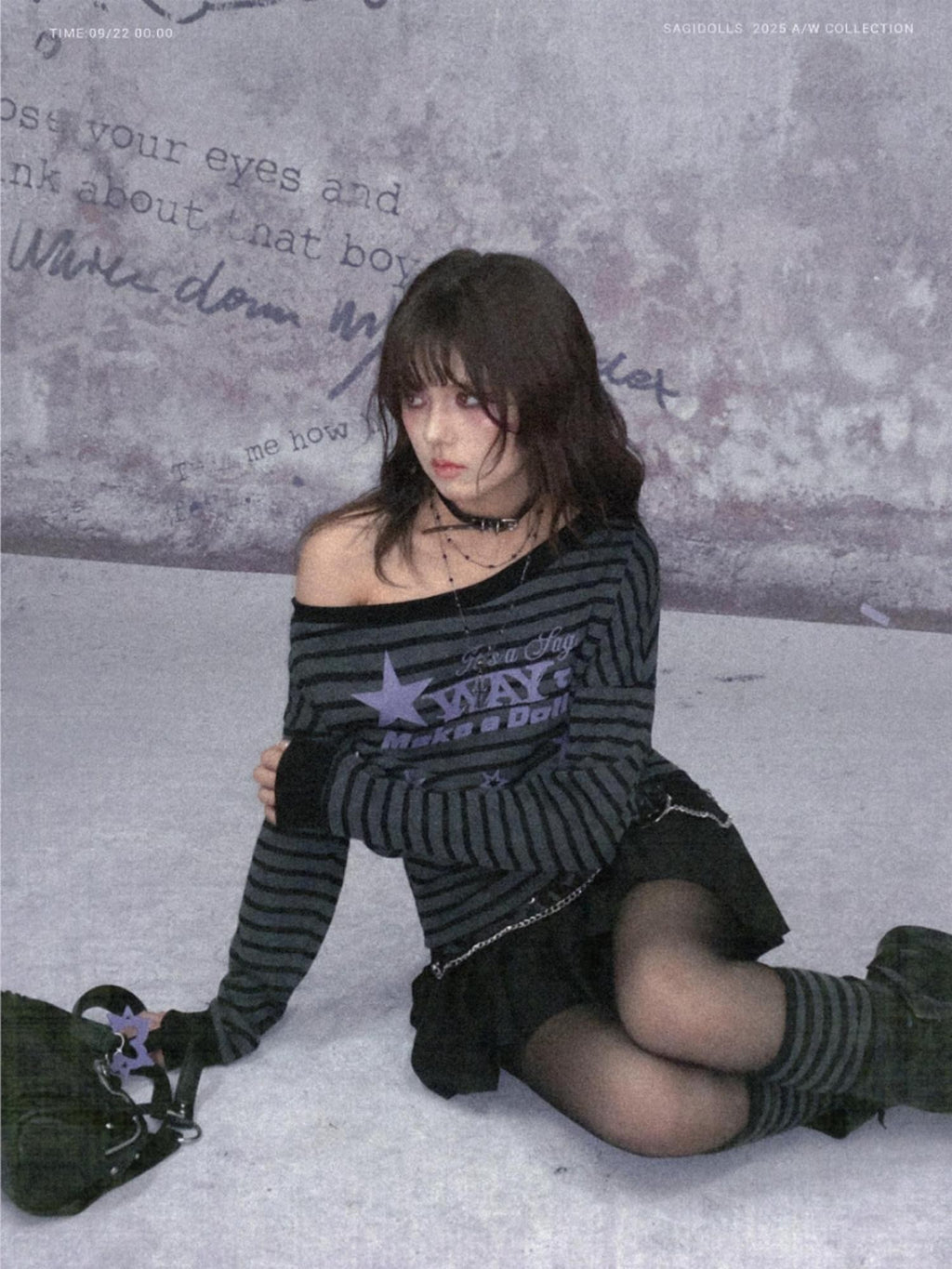 SagiDolls Black Grey Striped Purple Star One Shoulder Ribbed Women's Long Sleeve T-shirts