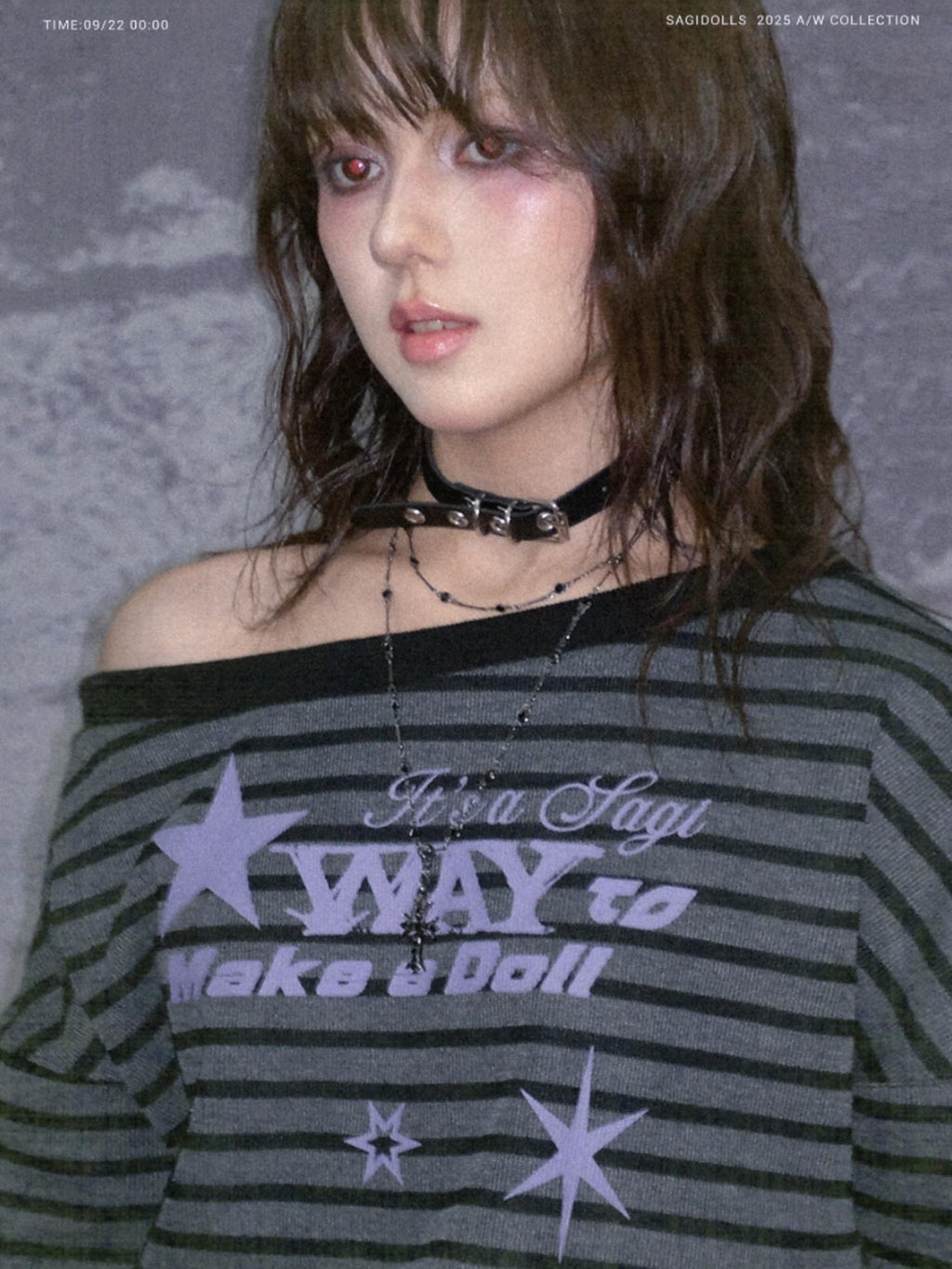 SagiDolls Black Grey Striped Purple Star One Shoulder Ribbed Women's Long Sleeve T-shirts