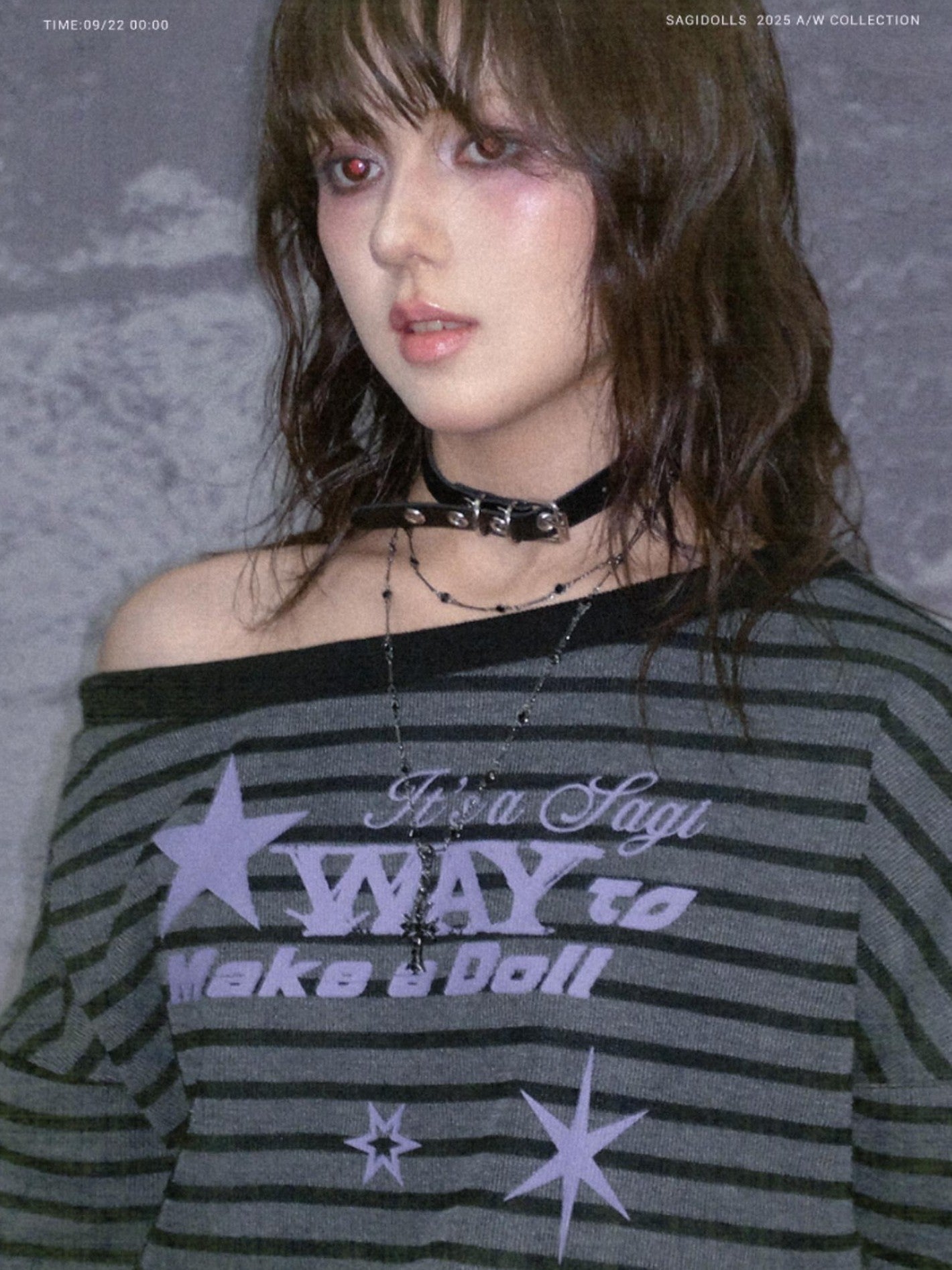 SagiDolls Black Grey Striped Purple Star One Shoulder Ribbed Women's Long Sleeve T-shirts