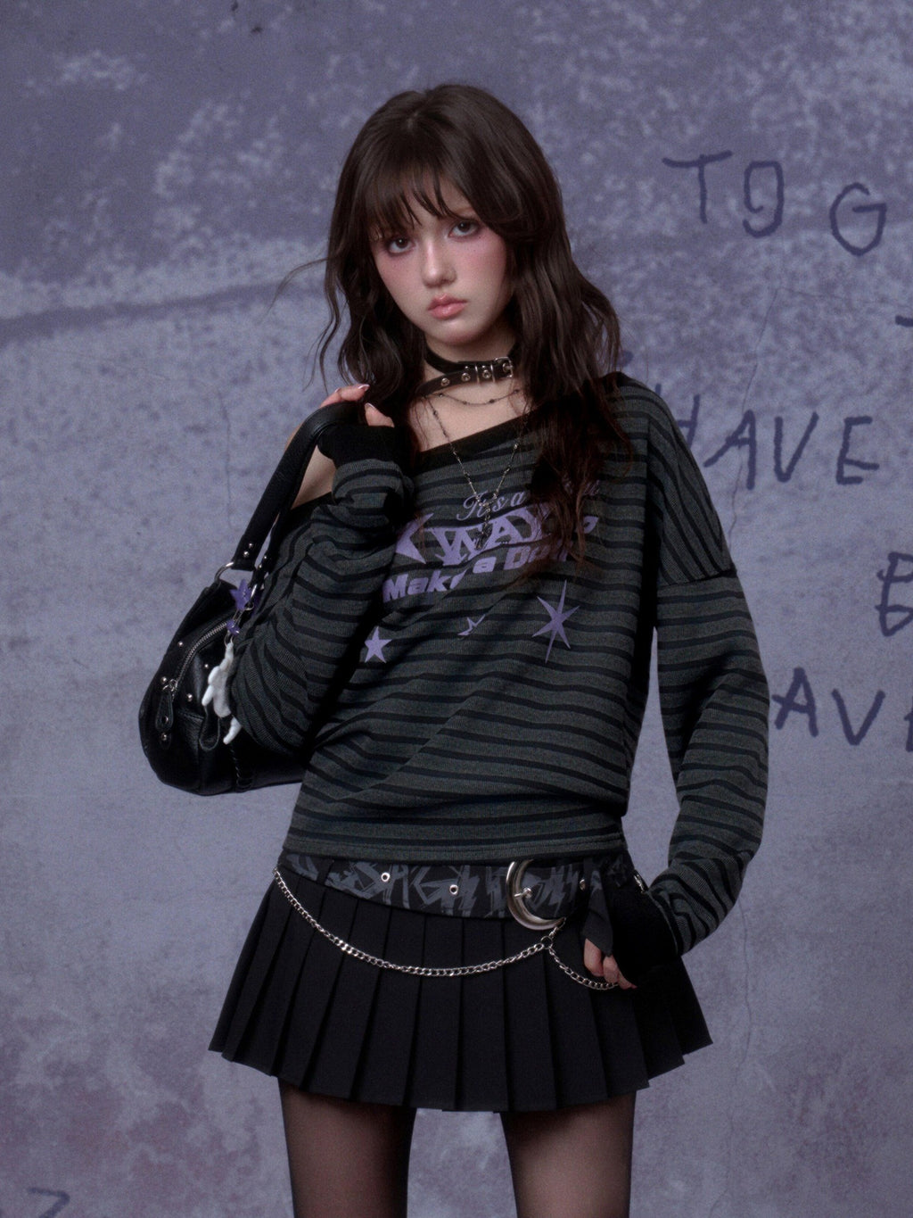 SagiDolls Black Grey Striped Purple Star One Shoulder Ribbed Women's Long Sleeve T-shirts