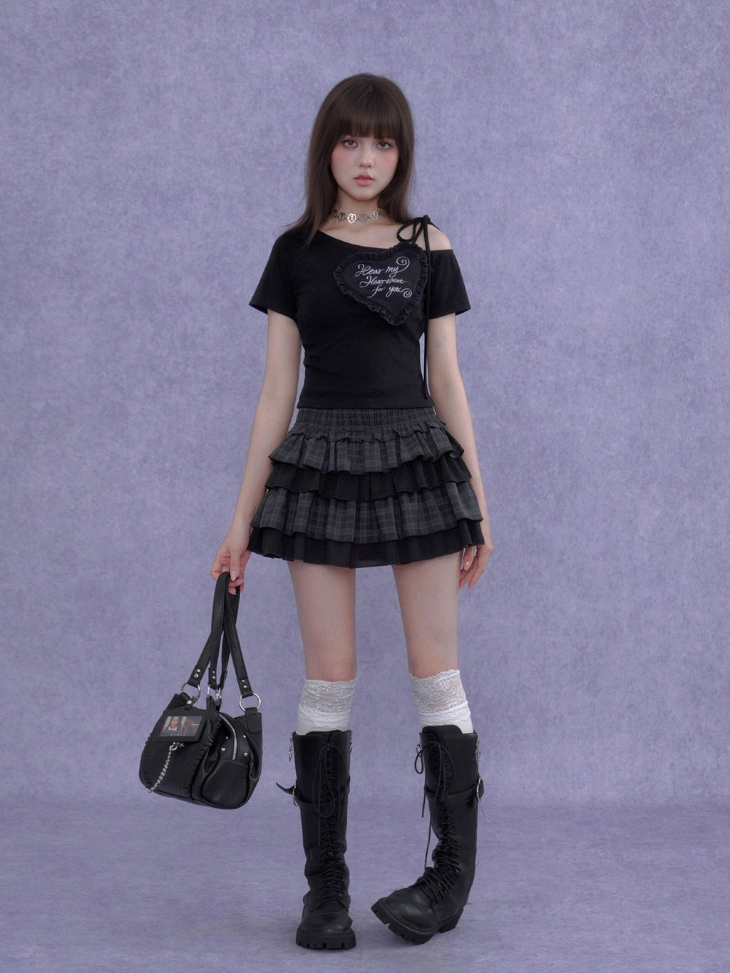 SagiDolls Black Heart Embroidered Asymmetric Neck Women's Cotton Blend Off-shoulder T-shirts