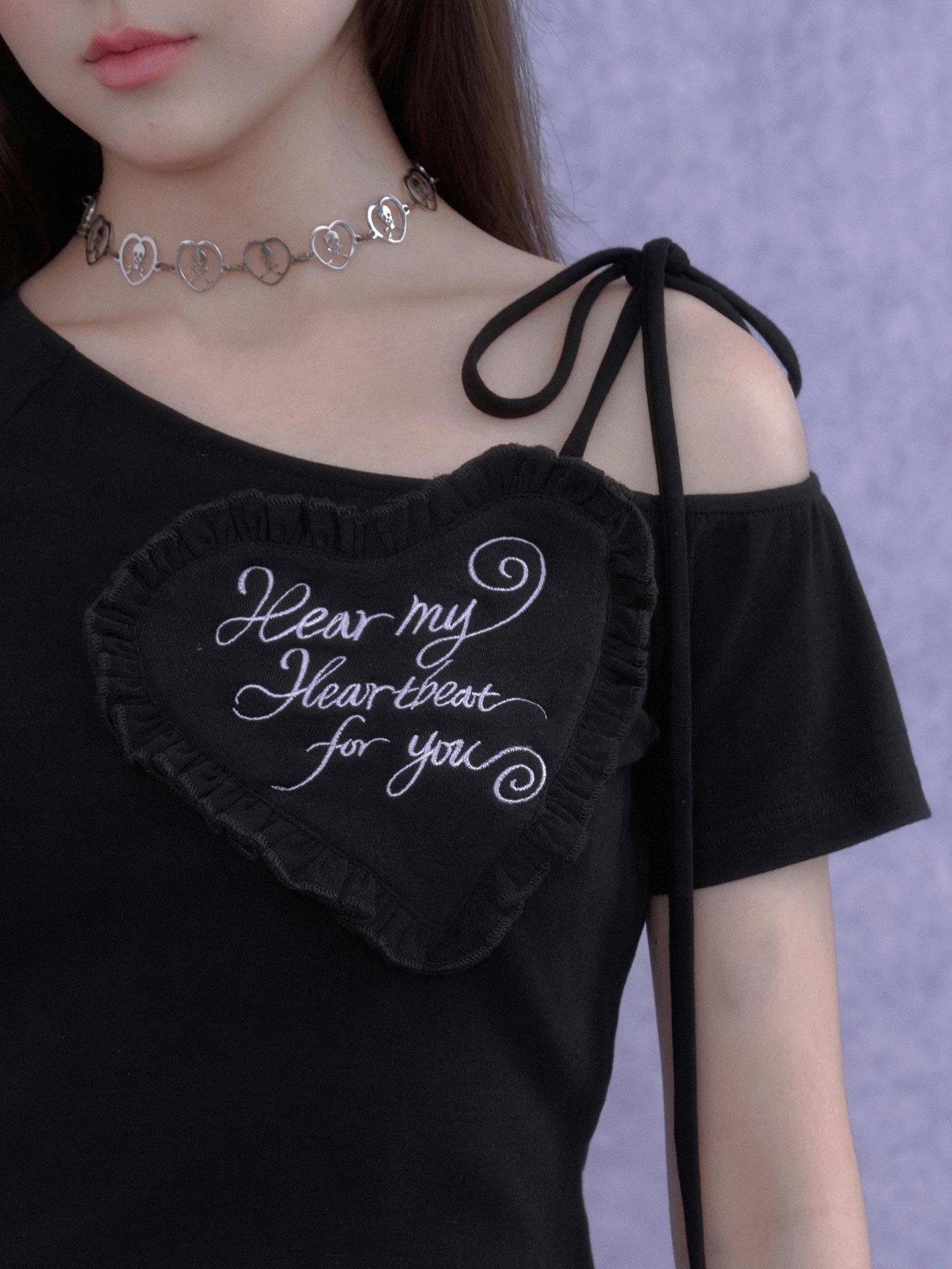 SagiDolls Black Heart Embroidered Asymmetric Neck Women's Cotton Blend Off-shoulder T-shirts