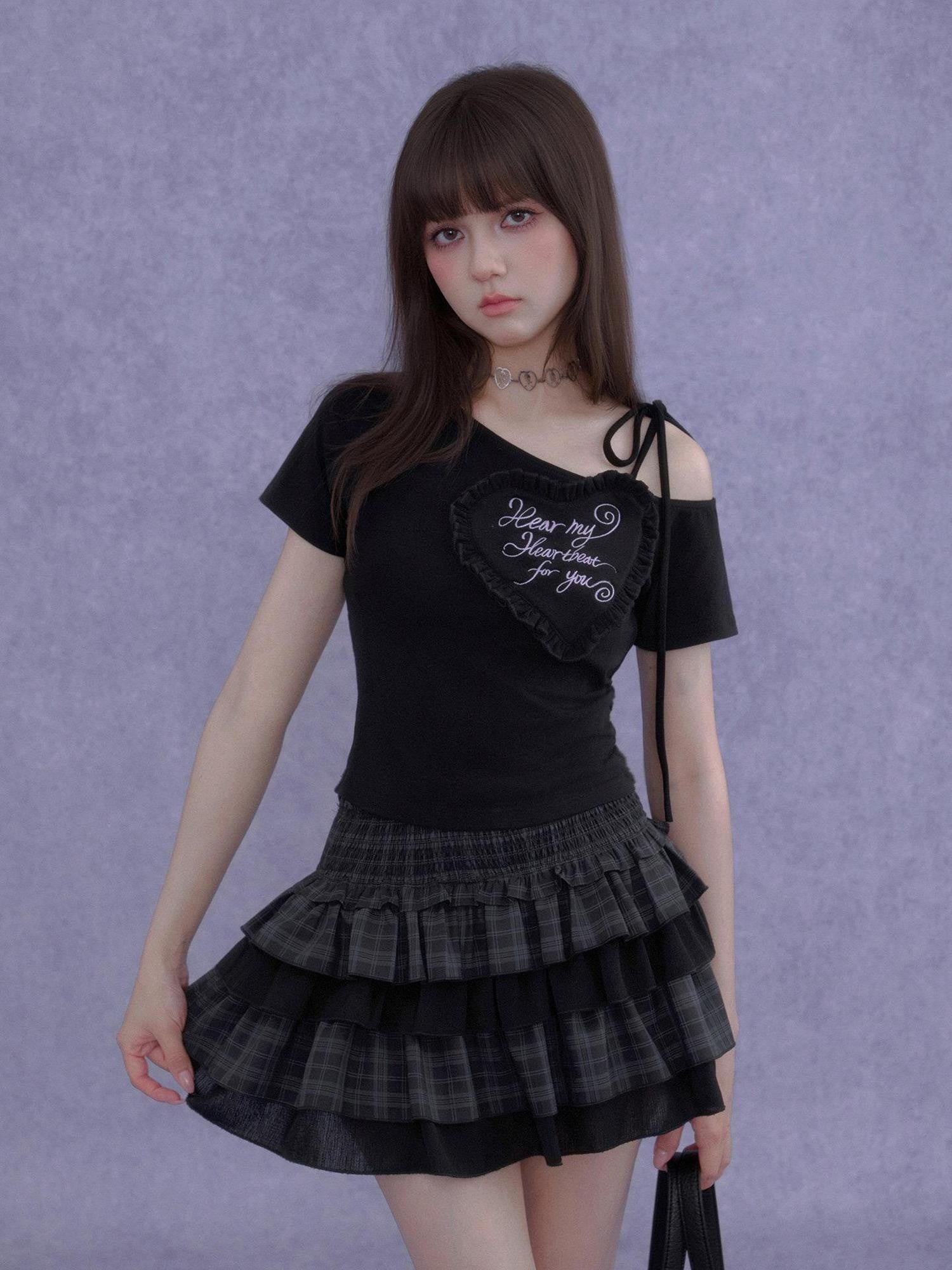SagiDolls Black Heart Embroidered Asymmetric Neck Women's Cotton Blend Off-shoulder T-shirts