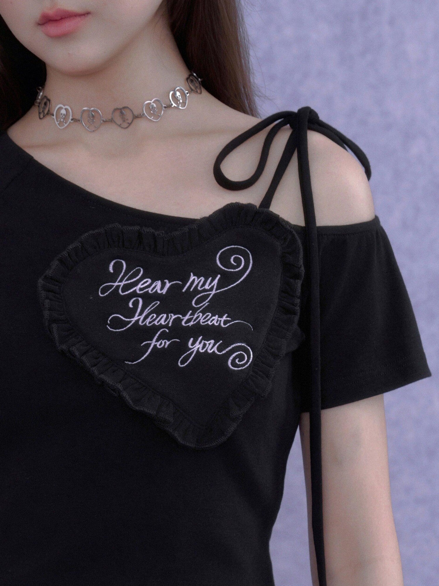 SagiDolls Black Heart Embroidered Asymmetric Neck Women's Cotton Blend Off-shoulder T-shirts