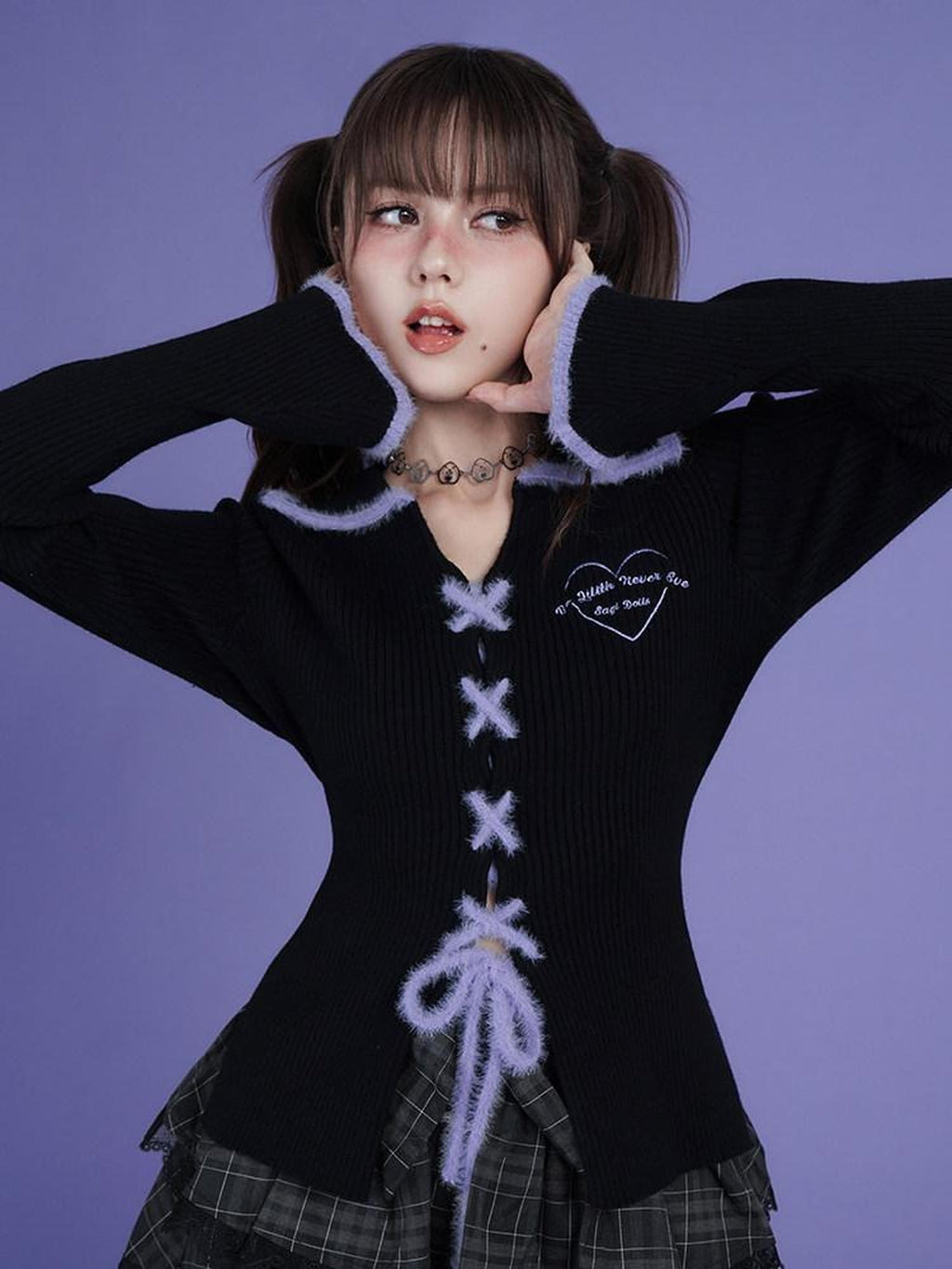 SagiDolls Black Heart Tie Polo Collar Bell Sleeve Slim Women's Viscose Cardigans