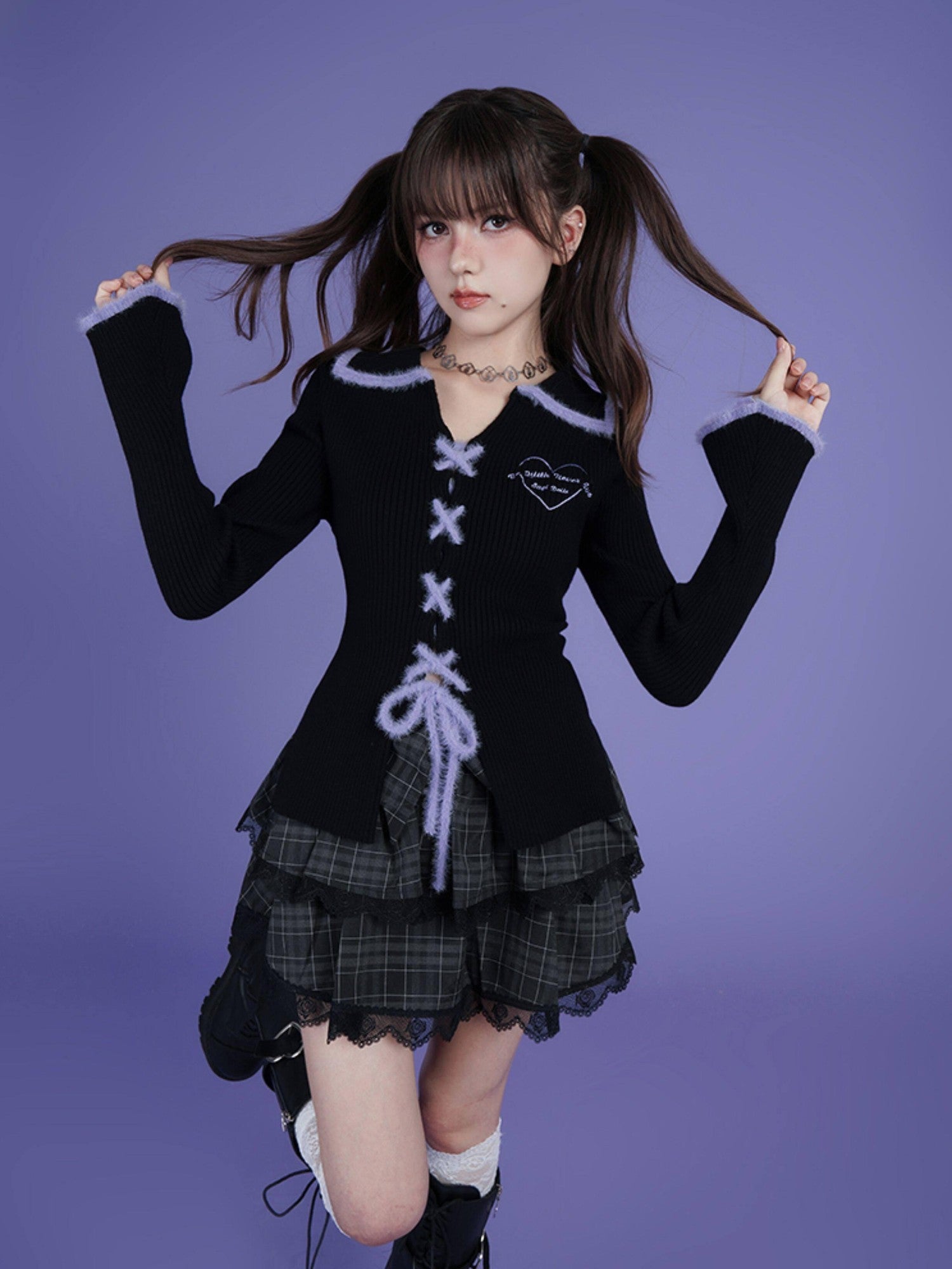 SagiDolls Black Heart Tie Polo Collar Bell Sleeve Slim Women's Viscose Cardigans