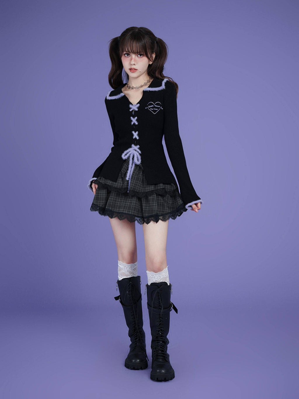 SagiDolls Black Heart Tie Polo Collar Bell Sleeve Slim Women's Viscose Cardigans