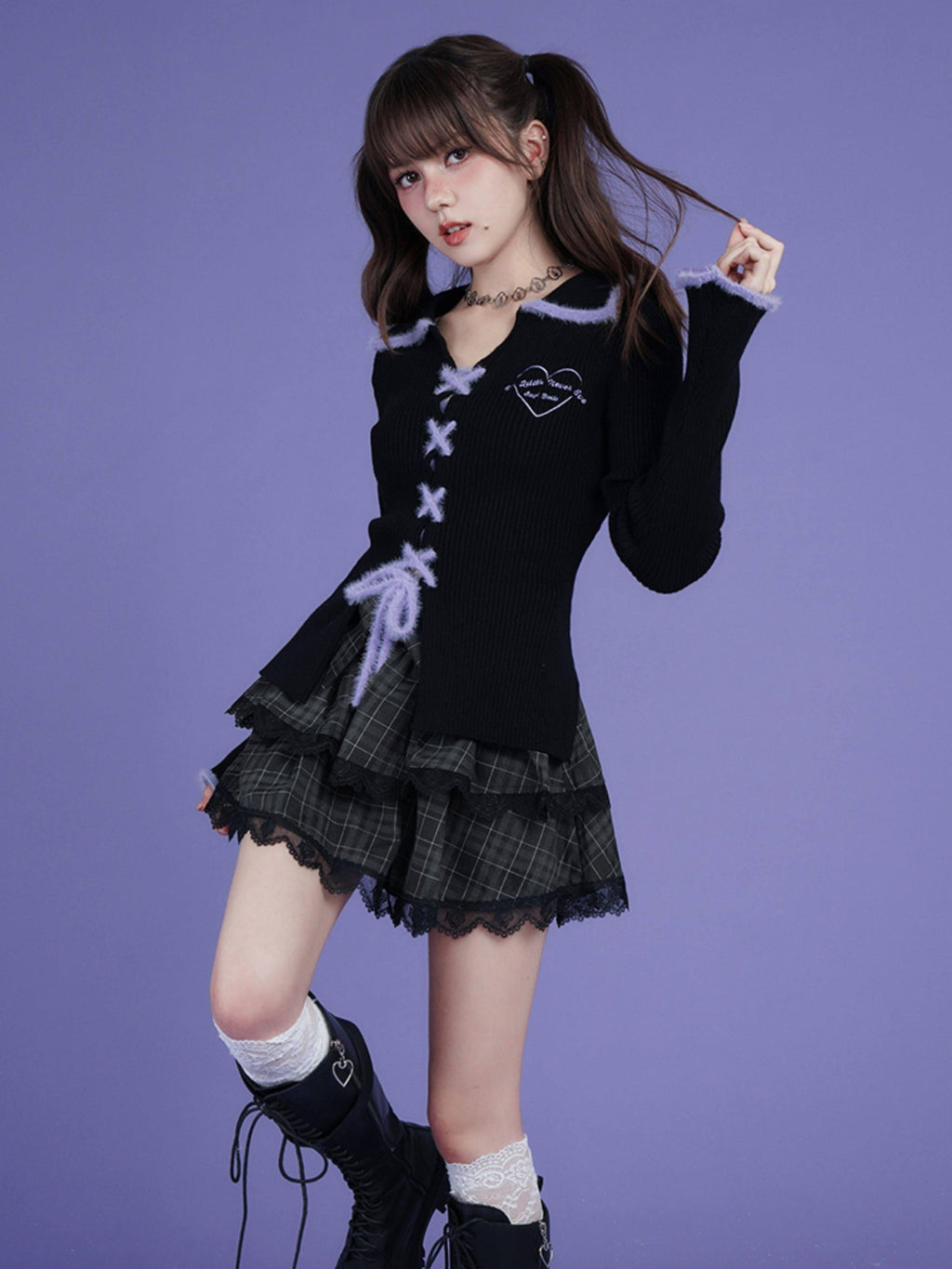 SagiDolls Black Heart Tie Polo Collar Bell Sleeve Slim Women's Viscose Cardigans