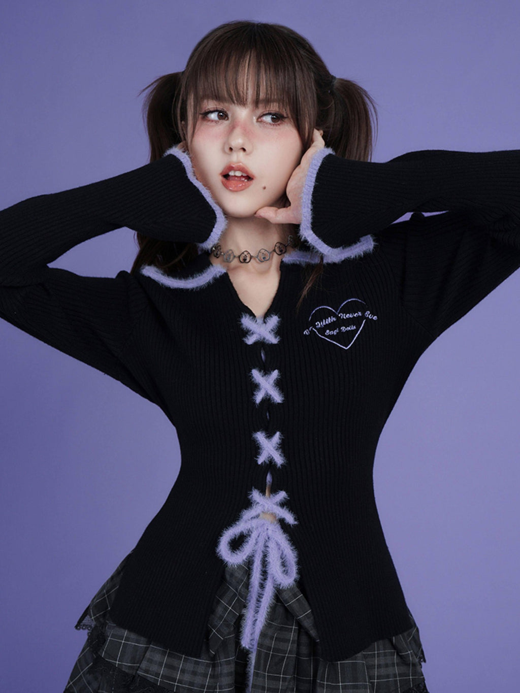 SagiDolls Black Heart Tie Polo Collar Bell Sleeve Slim Women's Viscose Cardigans