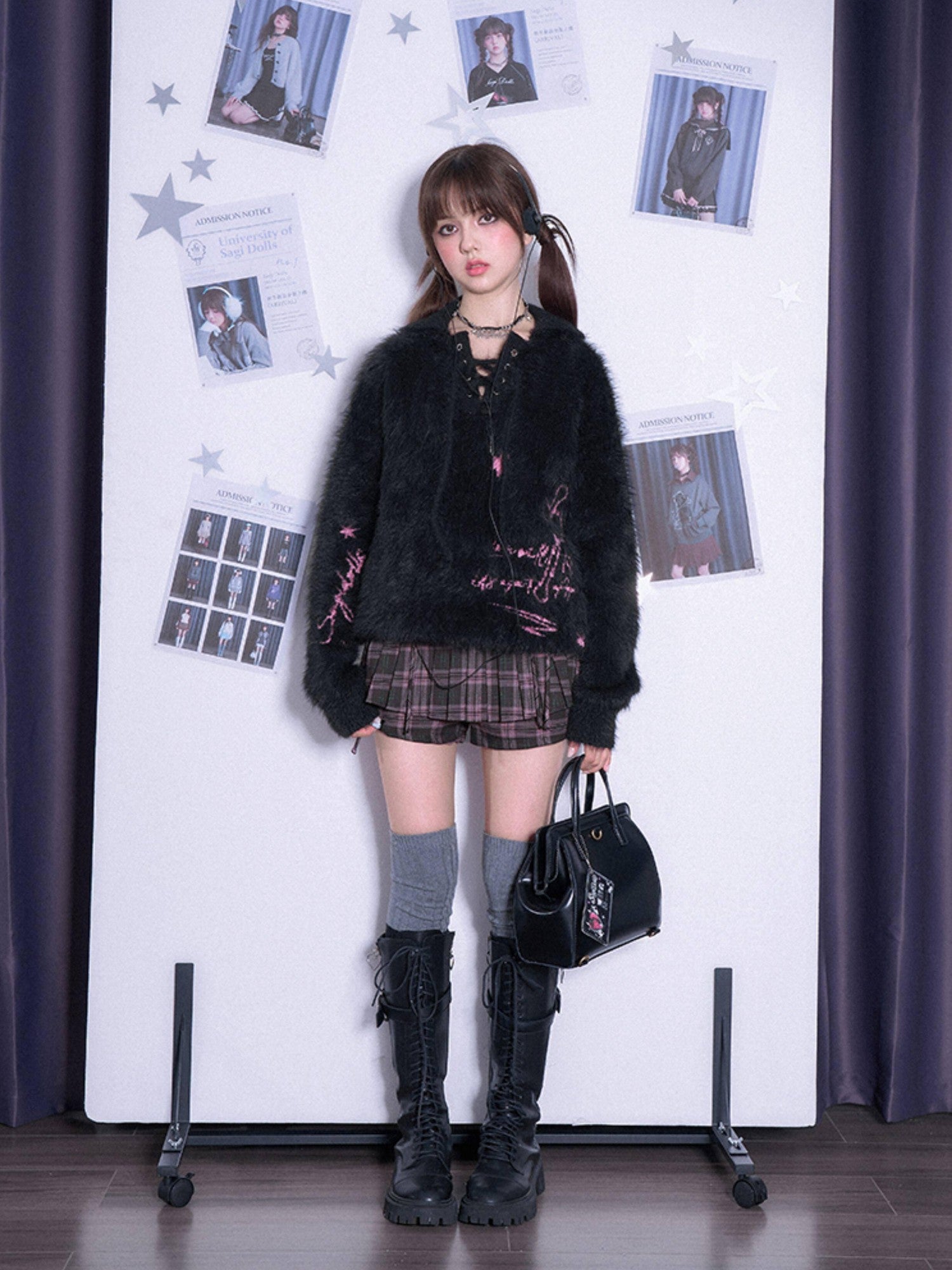 SagiDolls Black Jacquard Polo Collar Loose Women's Faux Rabbit Velvet Sweaters