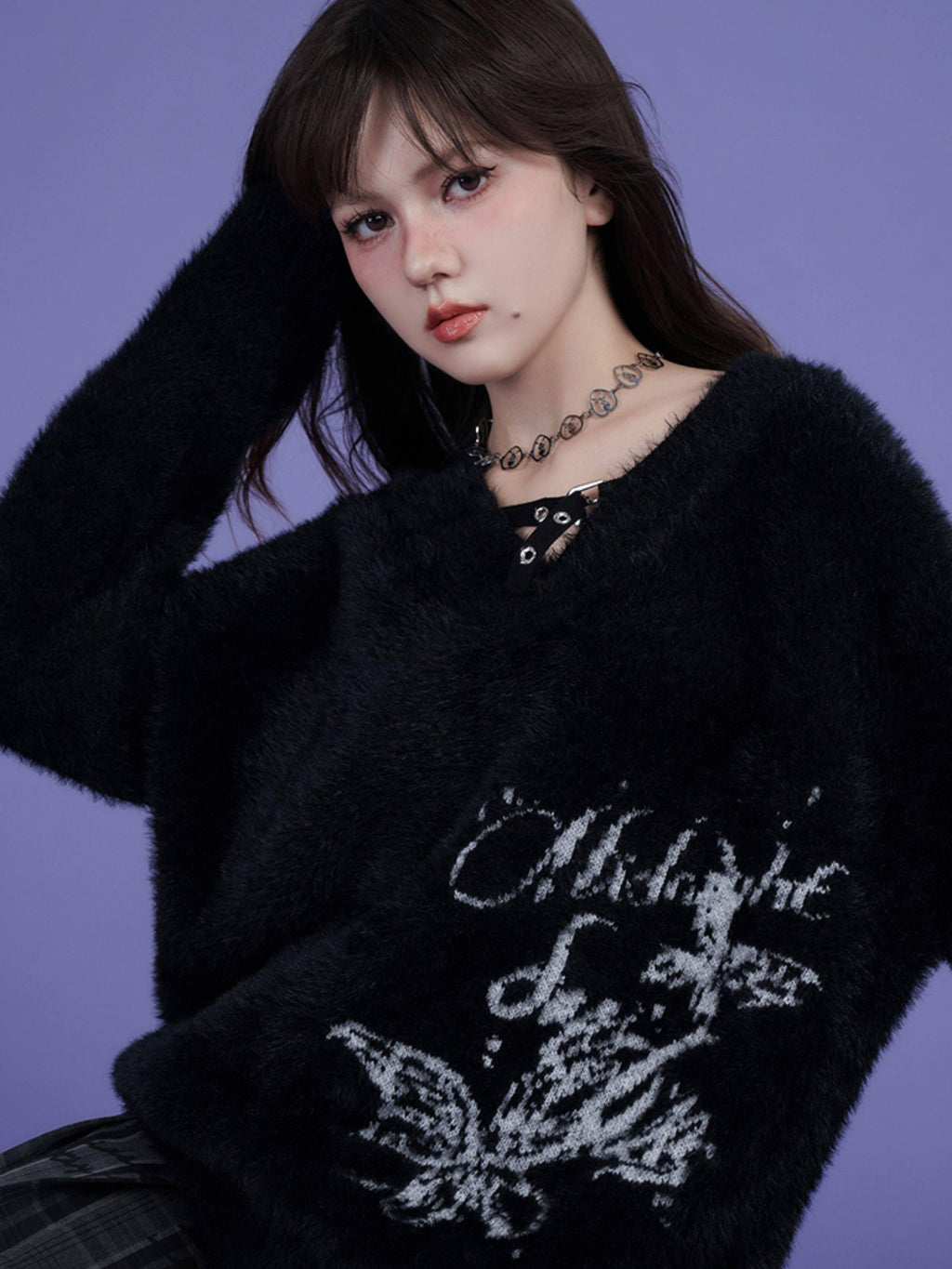 SagiDolls Black Jacquard V-neck Loose Chunky Knit Women's Polyester Nylon Blend Sweaters