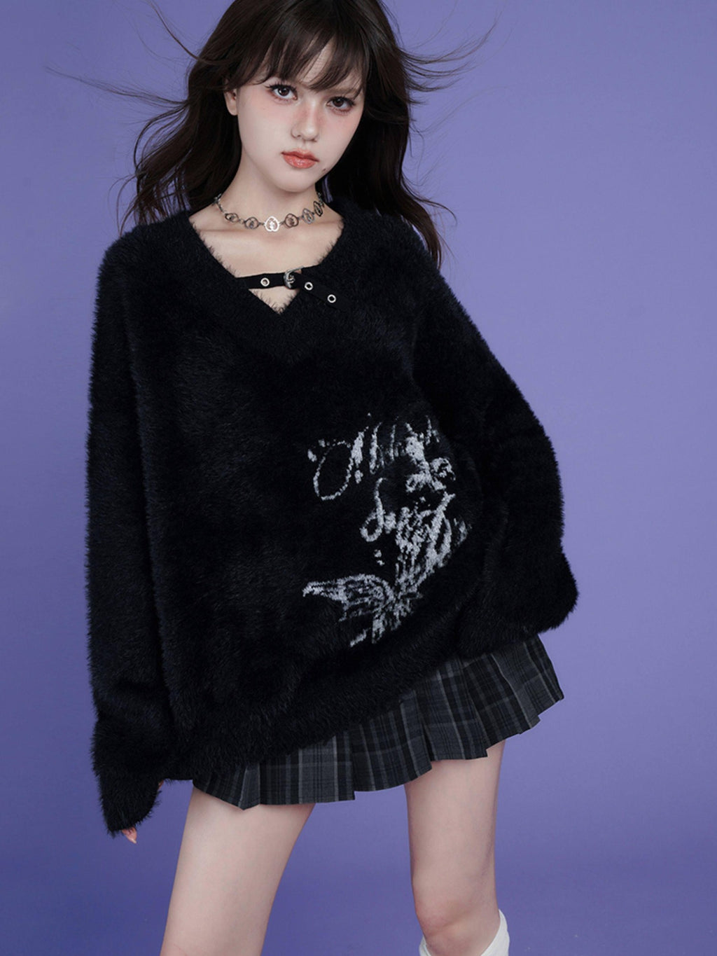 SagiDolls Black Jacquard V-neck Loose Chunky Knit Women's Polyester Nylon Blend Sweaters