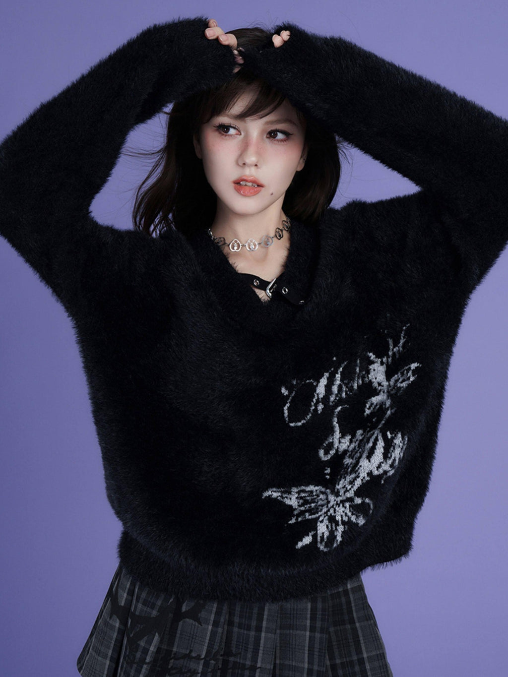 SagiDolls Black Jacquard V-neck Loose Chunky Knit Women's Polyester Nylon Blend Sweaters