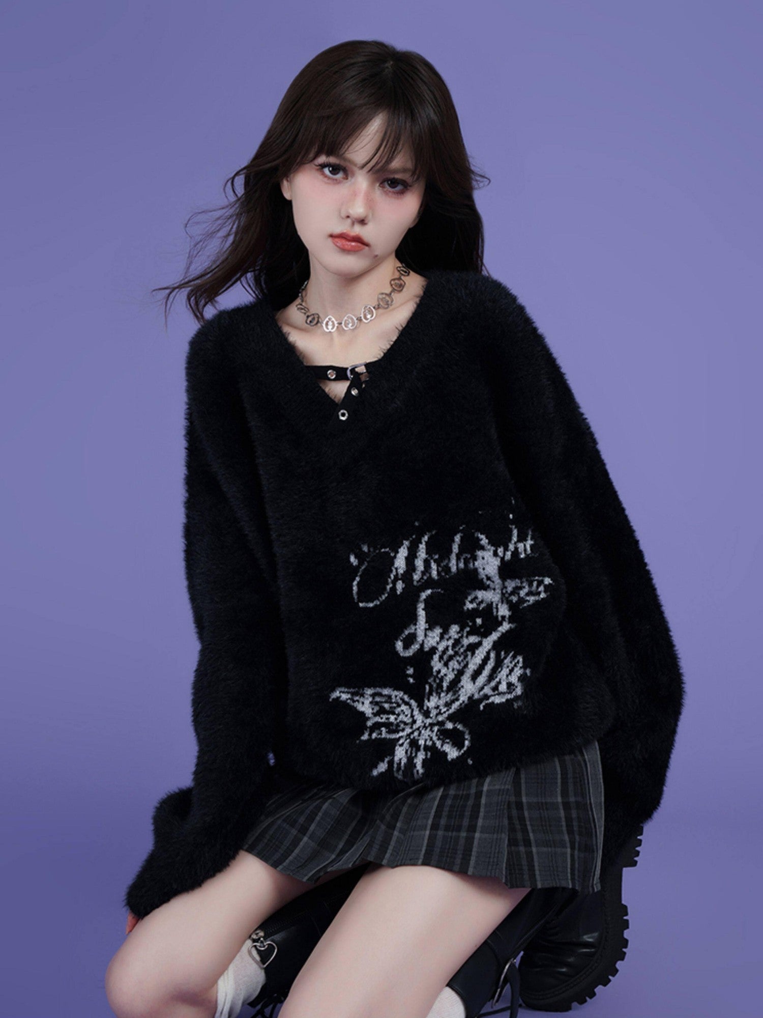 SagiDolls Black Jacquard V-neck Loose Chunky Knit Women's Polyester Nylon Blend Sweaters