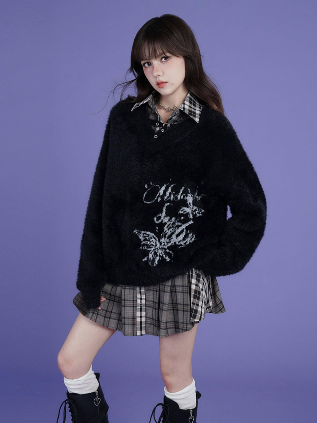 SagiDolls Black Jacquard V-neck Loose Chunky Knit Women's Polyester Nylon Blend Sweaters