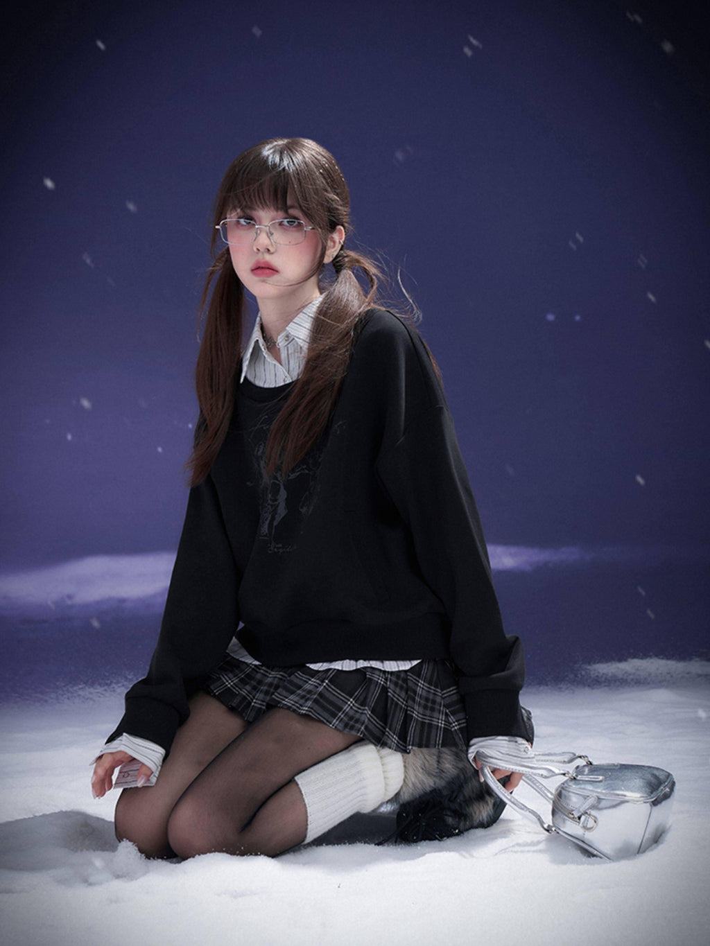 SagiDolls Black Letter Print Layered Collar Splice Women's Cotton Blend Sweatshirts