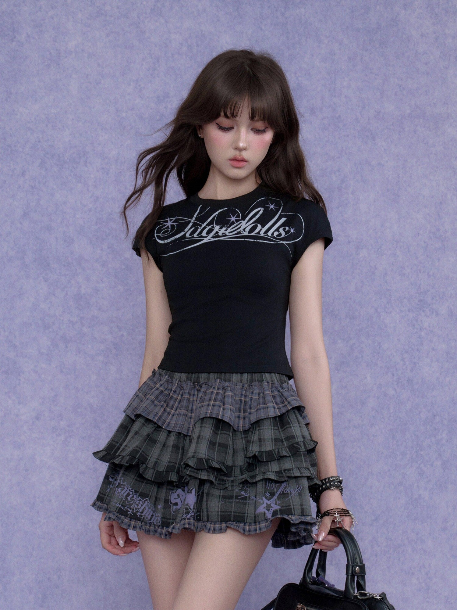 SagiDolls Black Letter Print Tie Slim Fit Cropped Women's Cotton Short Sleeve T-shirts