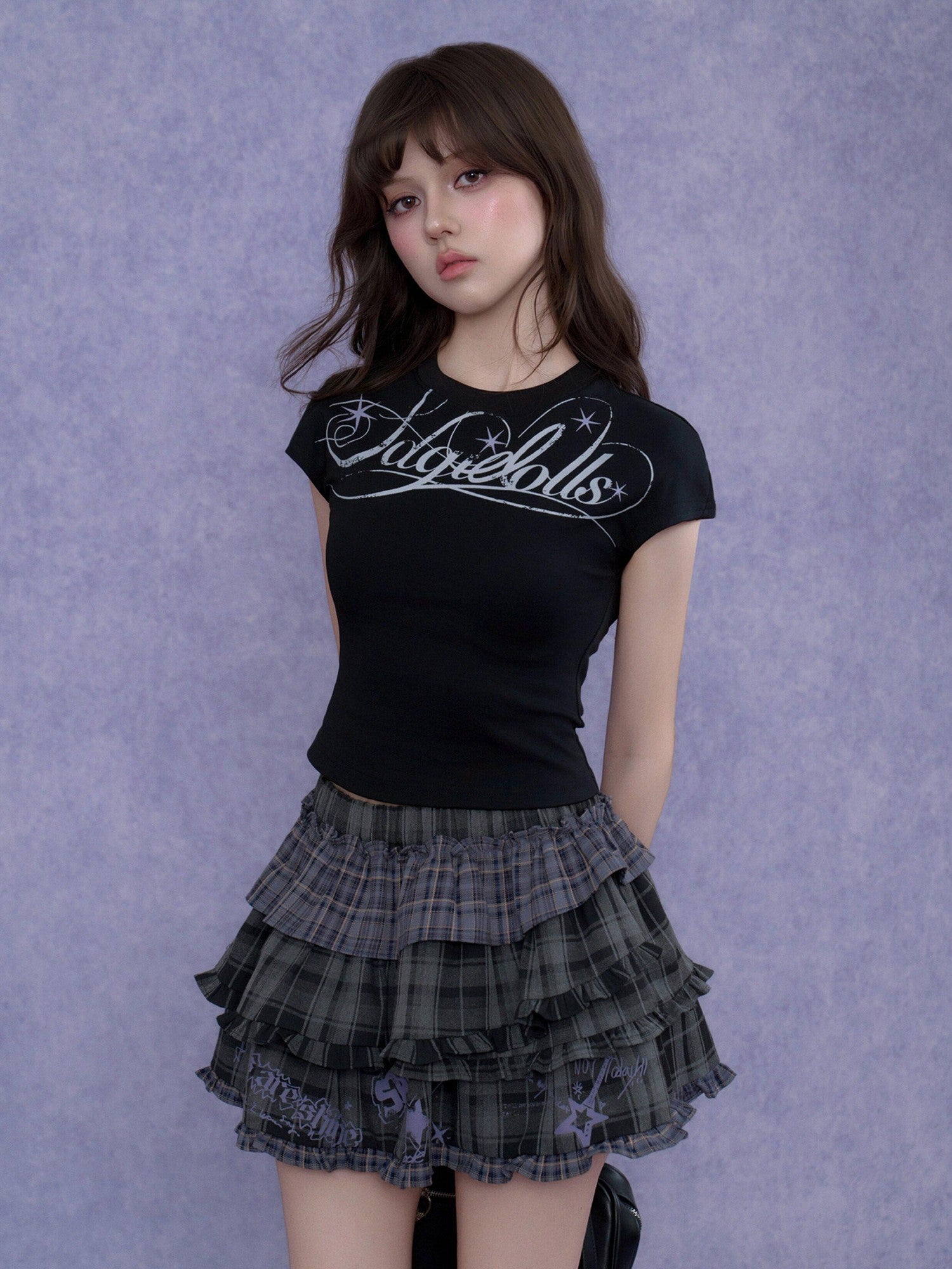 SagiDolls Black Letter Print Tie Slim Fit Cropped Women's Cotton Short Sleeve T-shirts