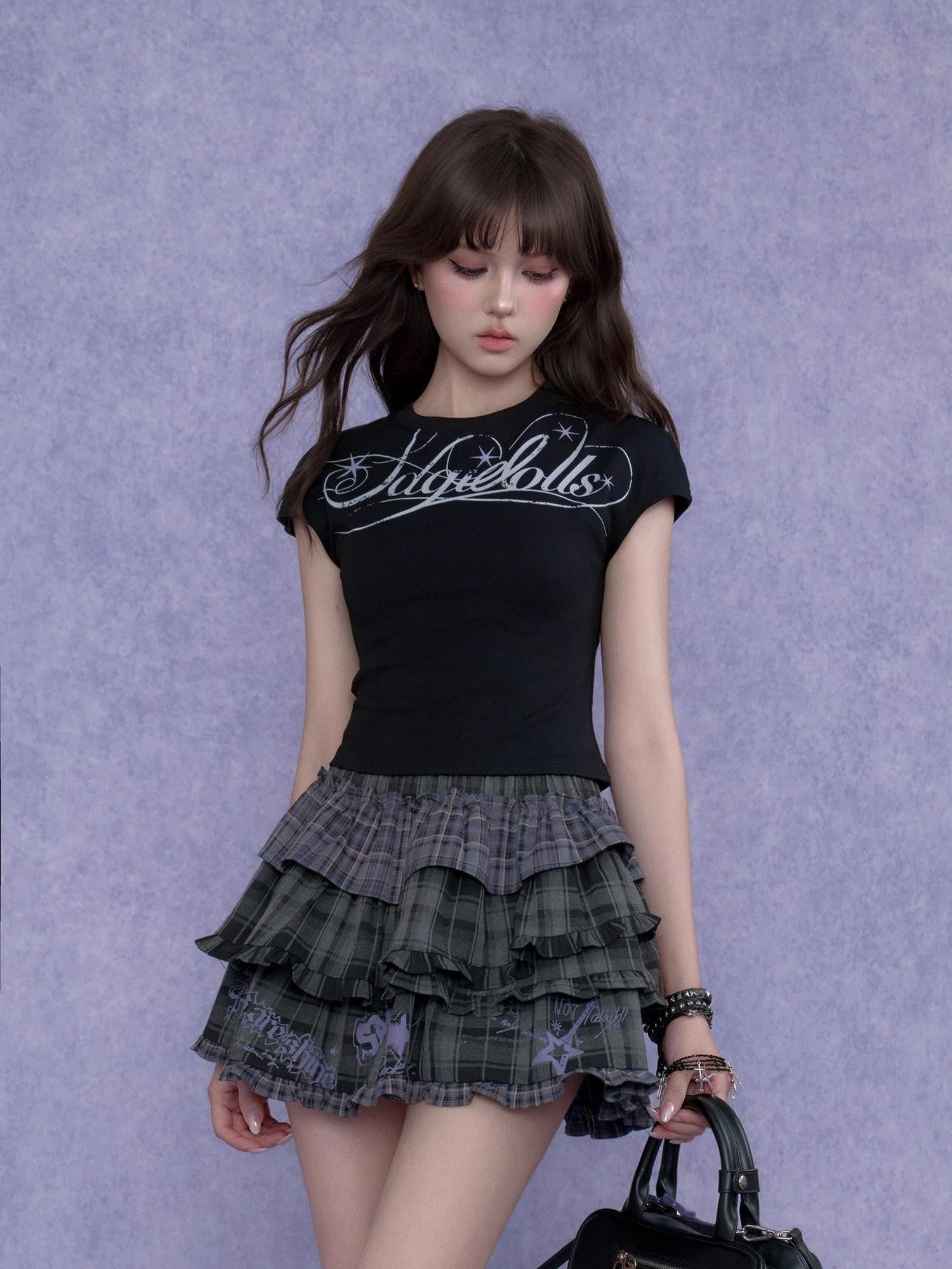 SagiDolls Black Letter Print Tie Slim Fit Cropped Women's Cotton Short Sleeve T-shirts
