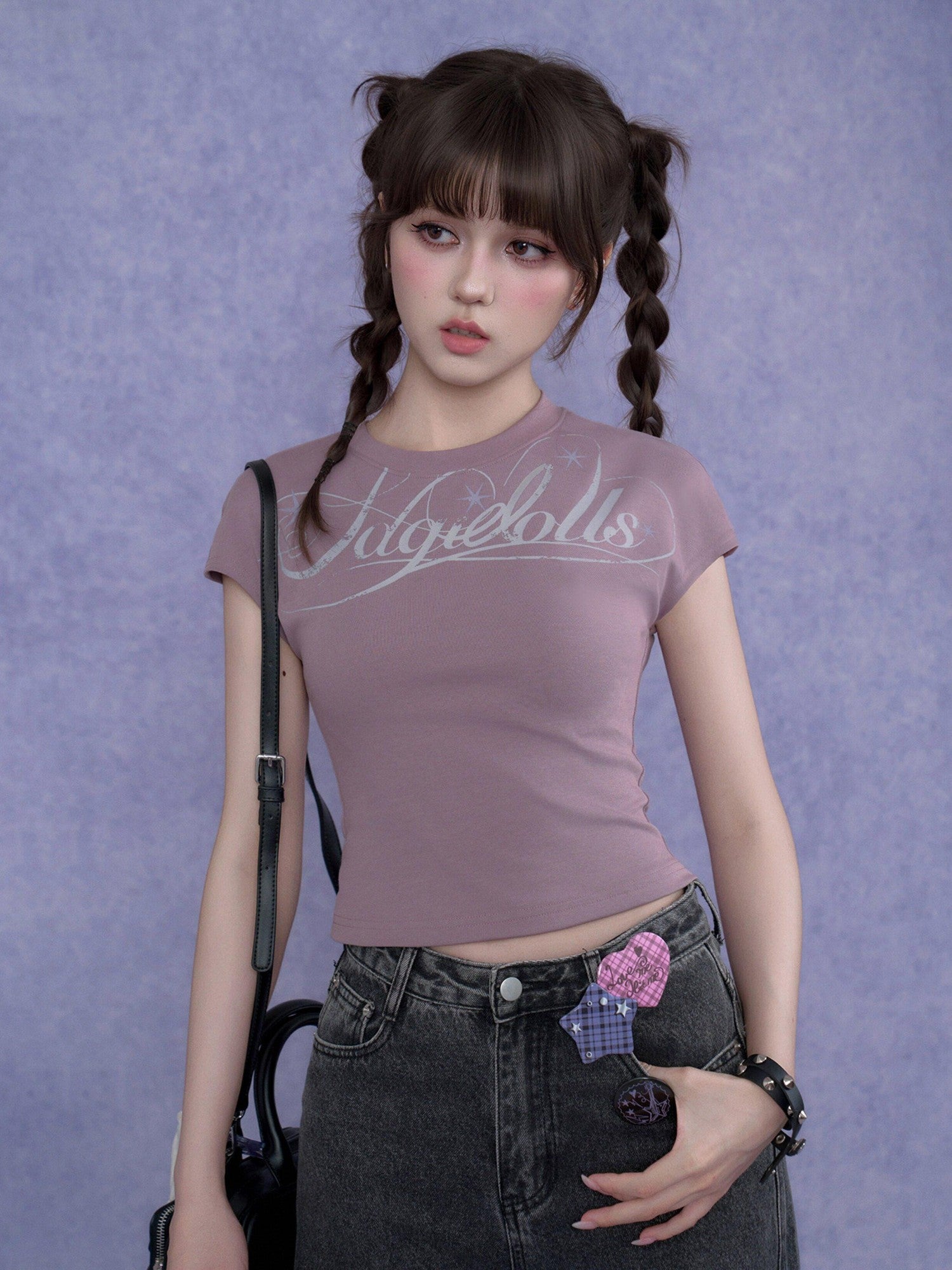 SagiDolls Black Letter Print Tie Slim Fit Cropped Women's Cotton Short Sleeve T-shirts