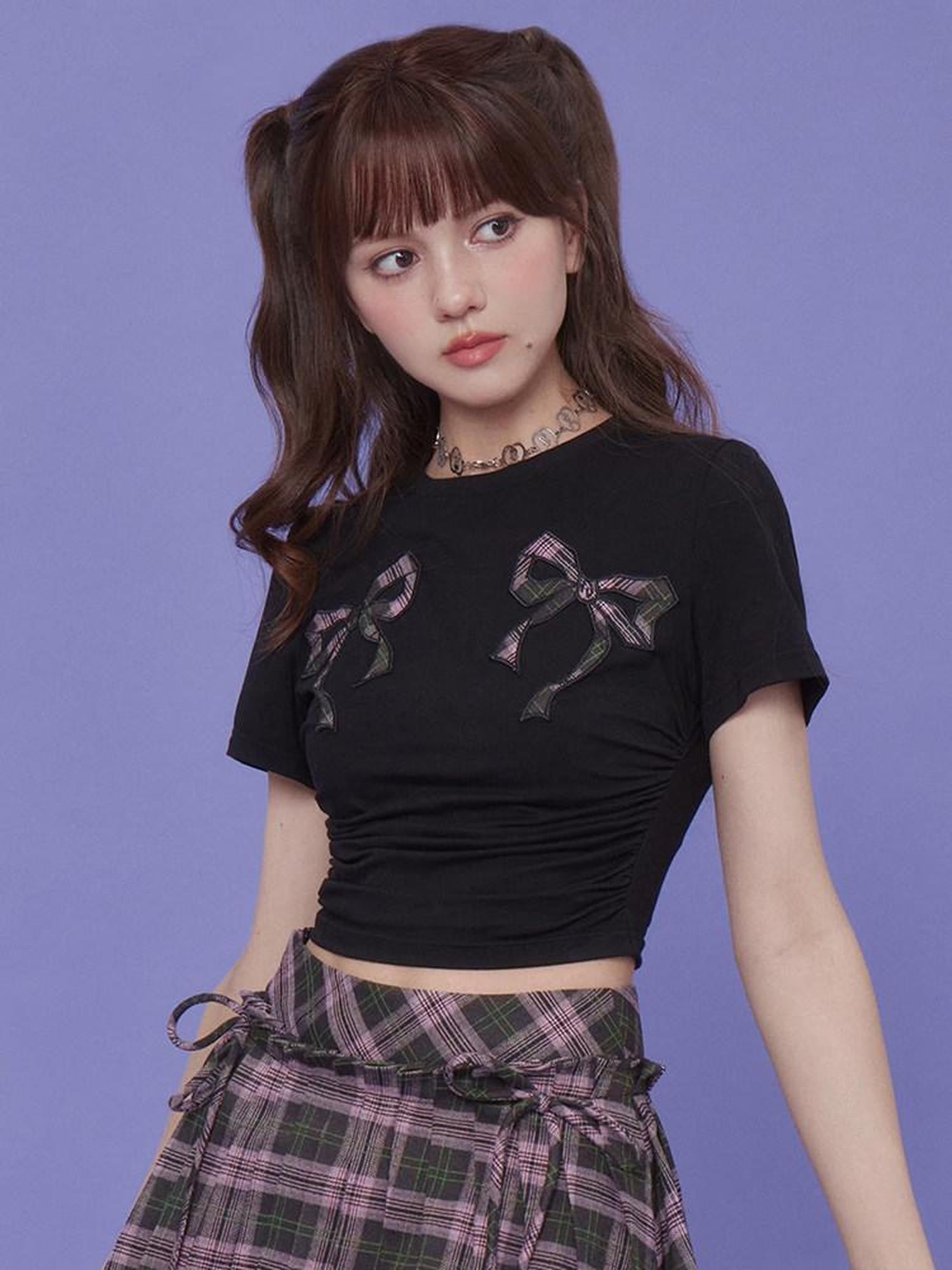 SagiDolls Black Pink Colorblock Bow Applique Women's Cotton Short Sleeve T-shirts