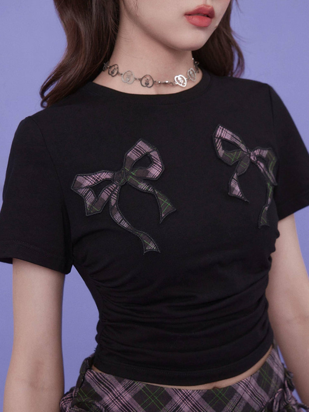 SagiDolls Black Pink Colorblock Bow Applique Women's Cotton Short Sleeve T-shirts