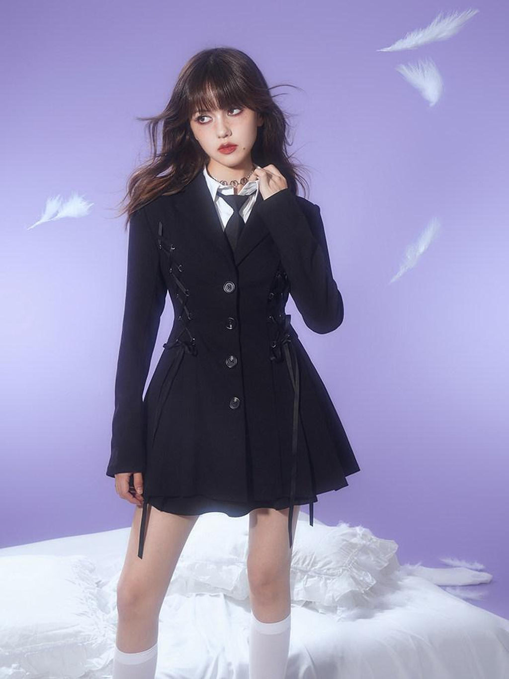 SagiDolls Black Pleated Blazer Collar Women's Polyester Corset Mini Dresses