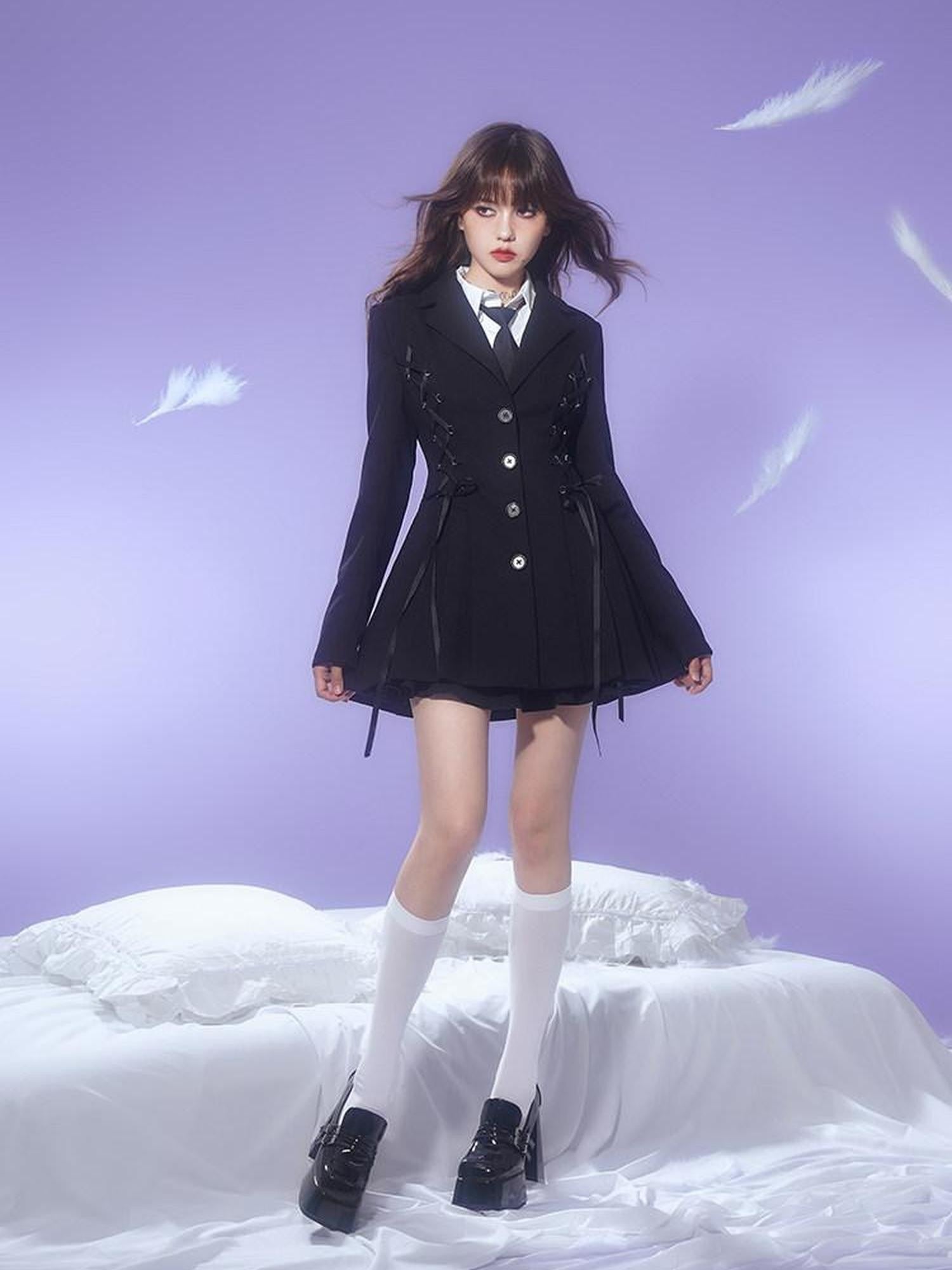 SagiDolls Black Pleated Blazer Collar Women's Polyester Corset Mini Dresses