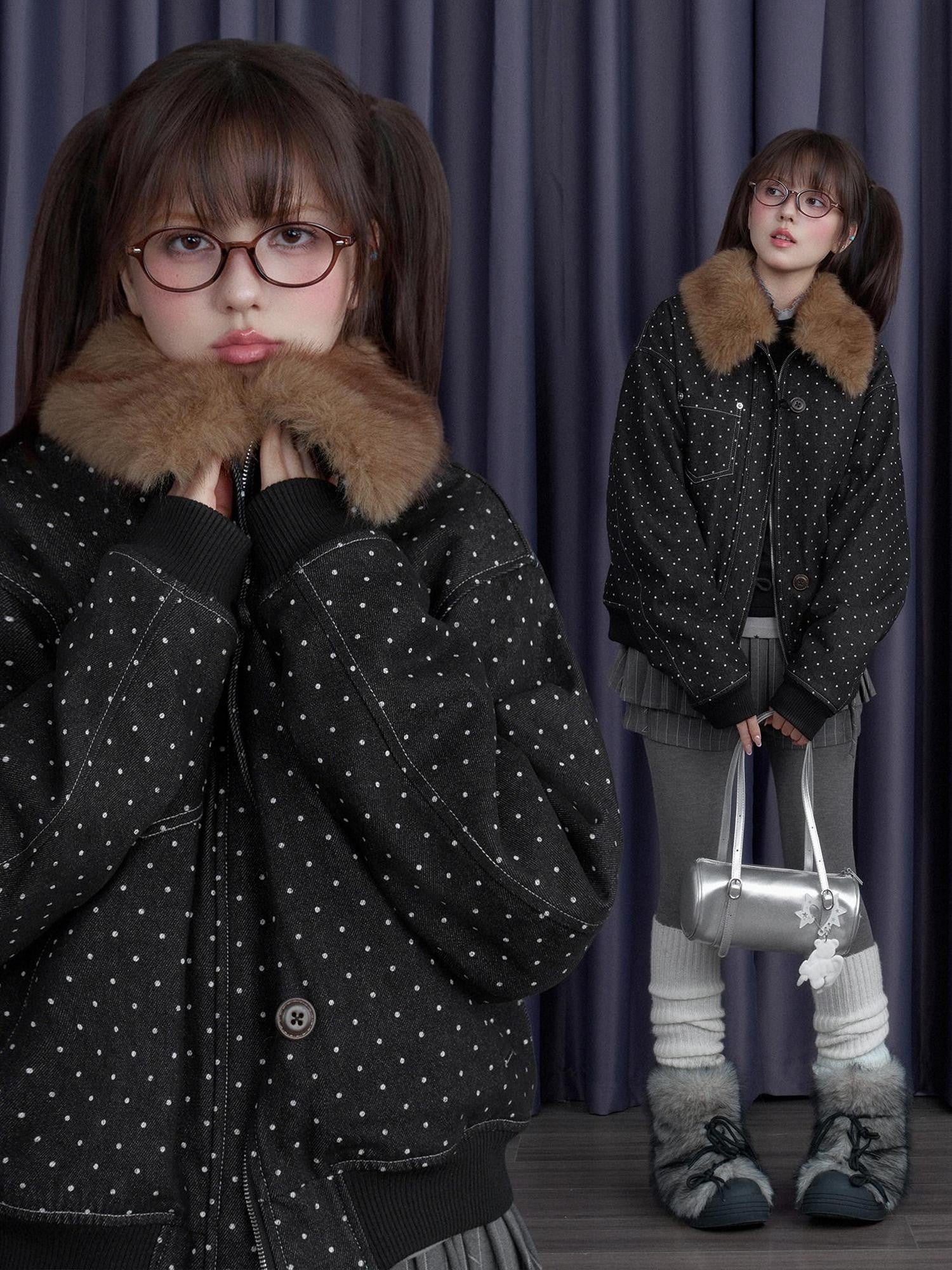 SagiDolls Black Polka Dot Detachable Fur Collar Women's Fleece Lined Fleece Jackets