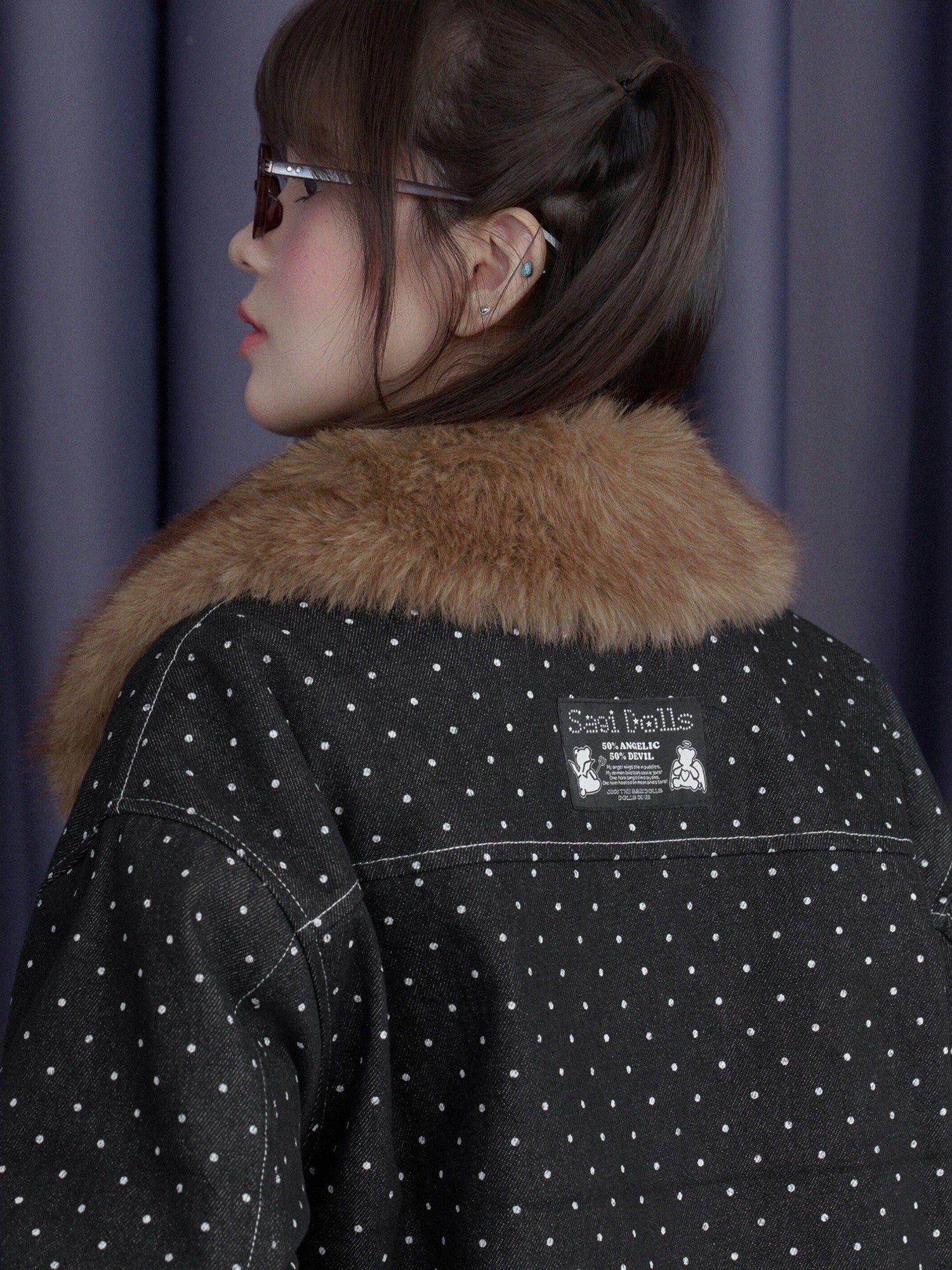 SagiDolls Black Polka Dot Detachable Fur Collar Women's Fleece Lined Fleece Jackets
