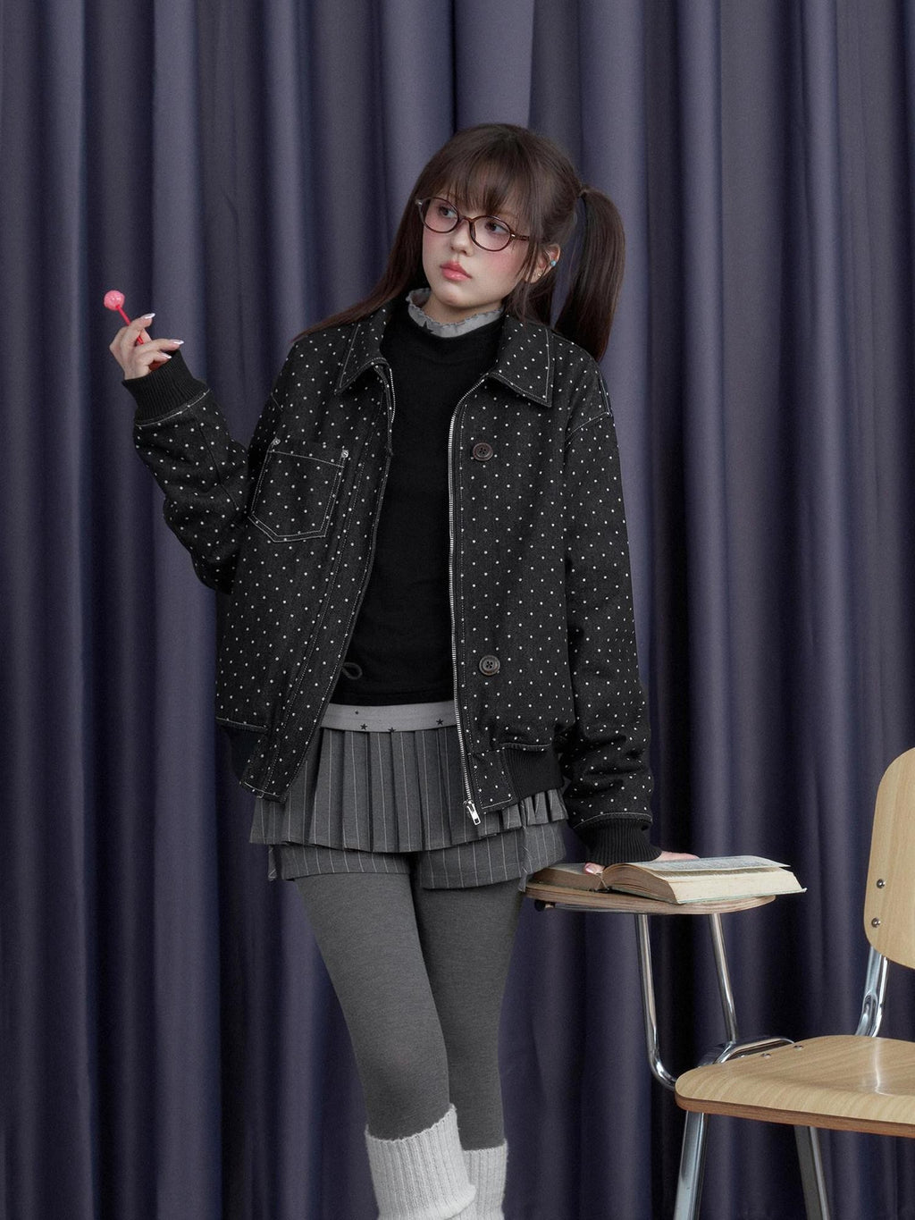 SagiDolls Black Polka Dot Detachable Fur Collar Women's Fleece Lined Fleece Jackets